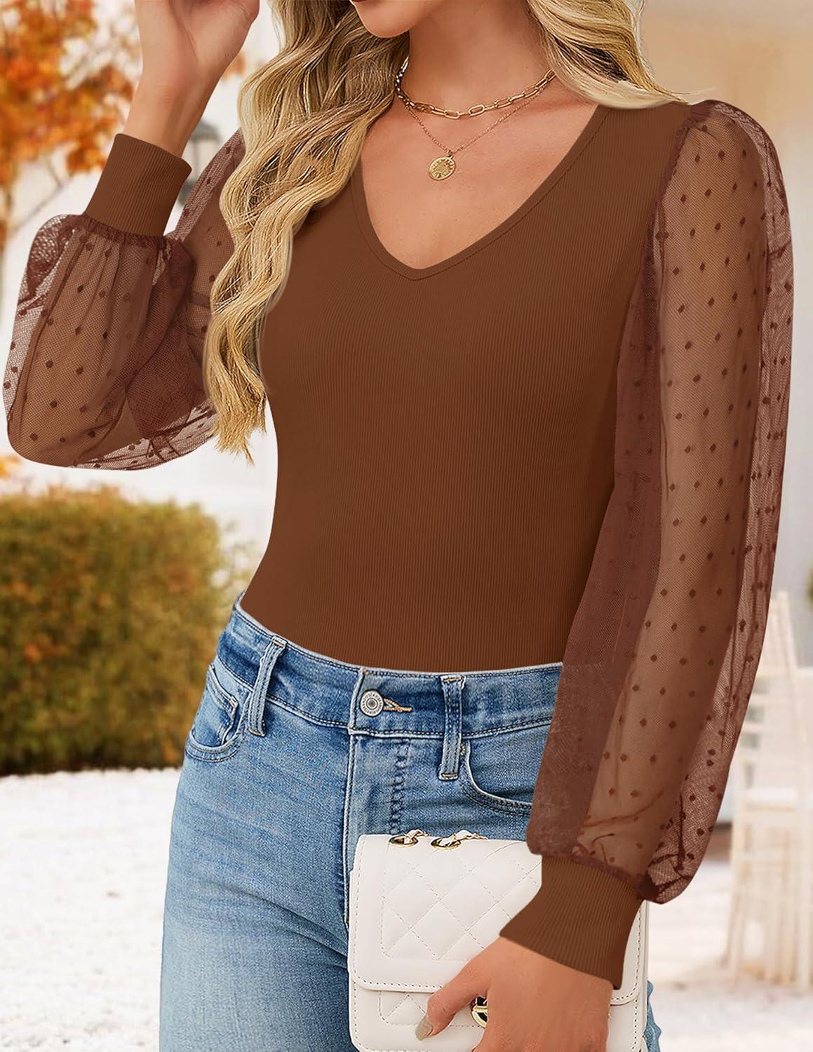 imageZESICA Womens Mesh Puff Long Sleeve Shirts 2026 Spring Fall V Neck Ribbed Knit Sexy Going Out Tops Casual Work BlouseBrown