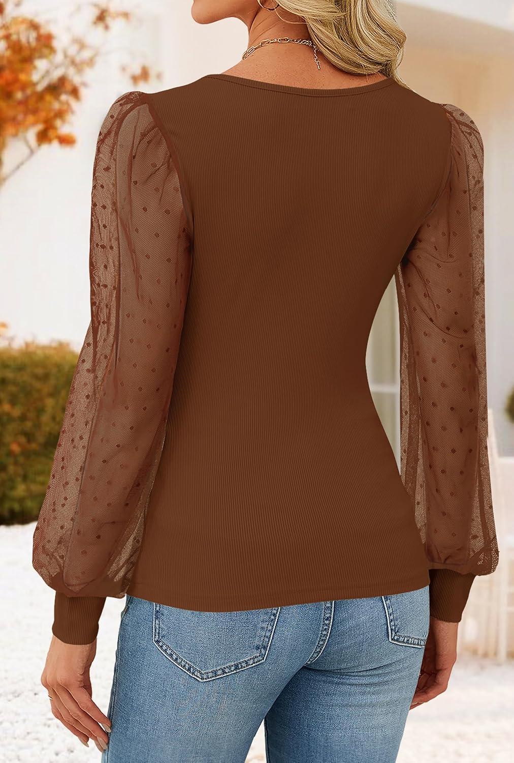 imageZESICA Womens Mesh Puff Long Sleeve Shirts 2026 Spring Fall V Neck Ribbed Knit Sexy Going Out Tops Casual Work BlouseBrown