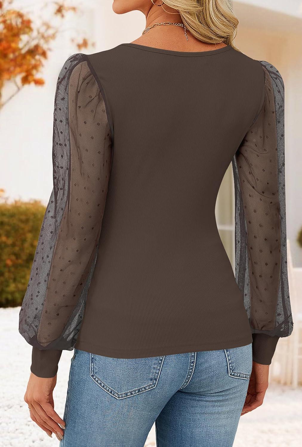 imageZESICA Womens Mesh Puff Long Sleeve Shirts 2026 Spring Fall V Neck Ribbed Knit Sexy Going Out Tops Casual Work BlouseCoffee