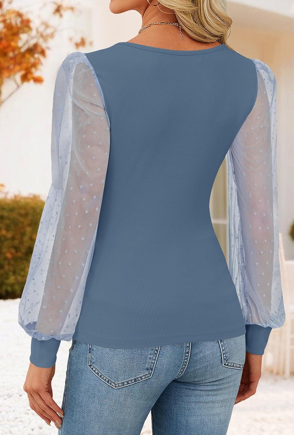 imageZESICA Womens Mesh Puff Long Sleeve Shirts 2026 Spring Fall V Neck Ribbed Knit Sexy Going Out Tops Casual Work BlouseDusty Blue