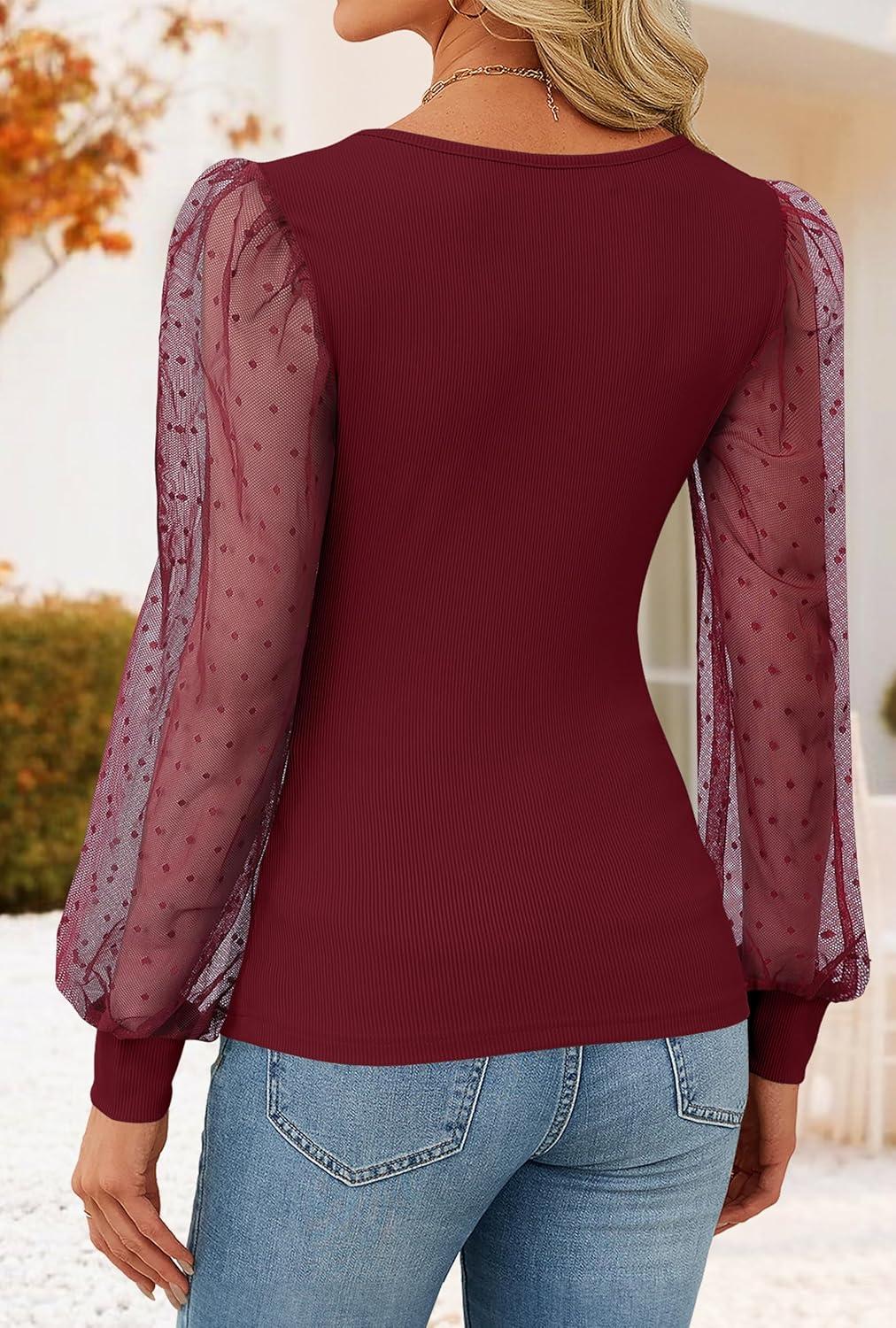 imageZESICA Womens Mesh Puff Long Sleeve Shirts 2026 Spring Fall V Neck Ribbed Knit Sexy Going Out Tops Casual Work BlouseWine Red