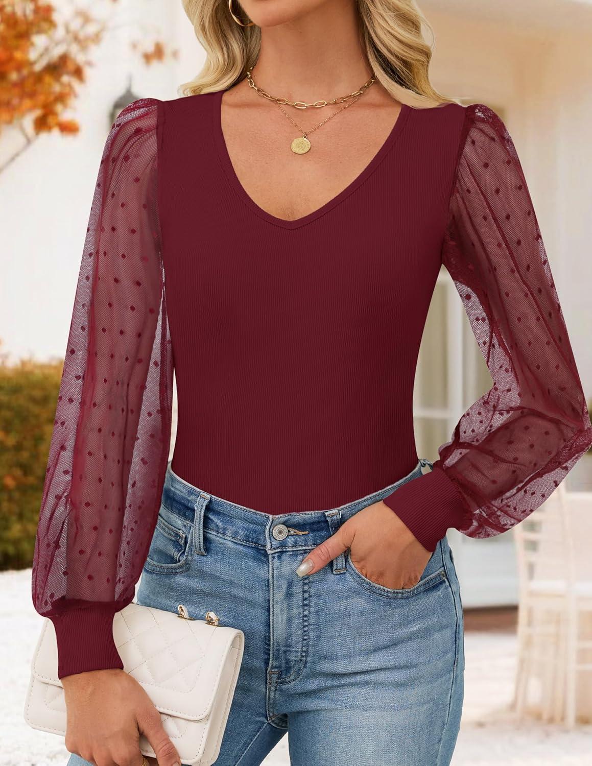 imageZESICA Womens Mesh Puff Long Sleeve Shirts 2026 Spring Fall V Neck Ribbed Knit Sexy Going Out Tops Casual Work BlouseWine Red