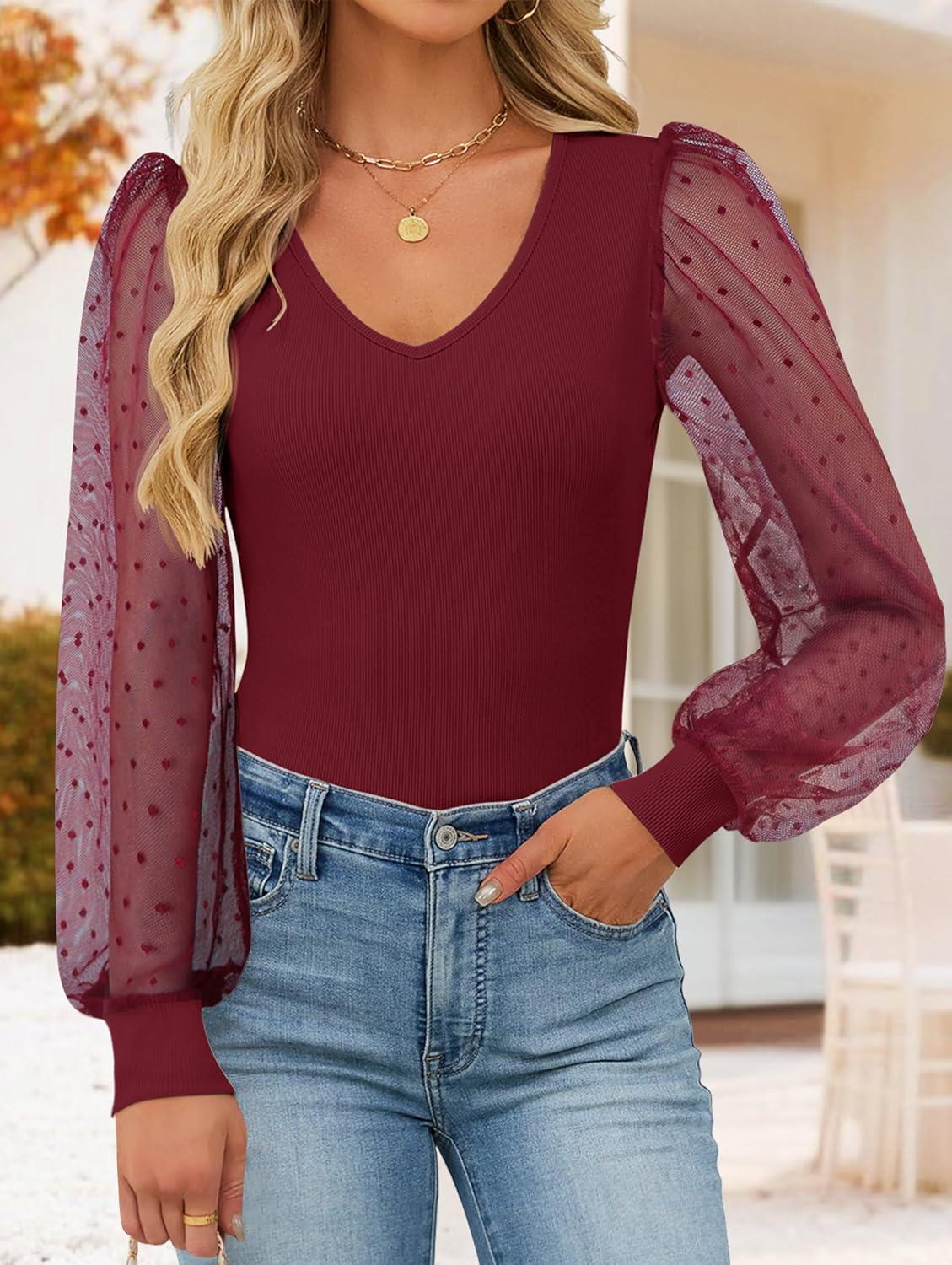 imageZESICA Womens Mesh Puff Long Sleeve Shirts 2026 Spring Fall V Neck Ribbed Knit Sexy Going Out Tops Casual Work BlouseWine Red