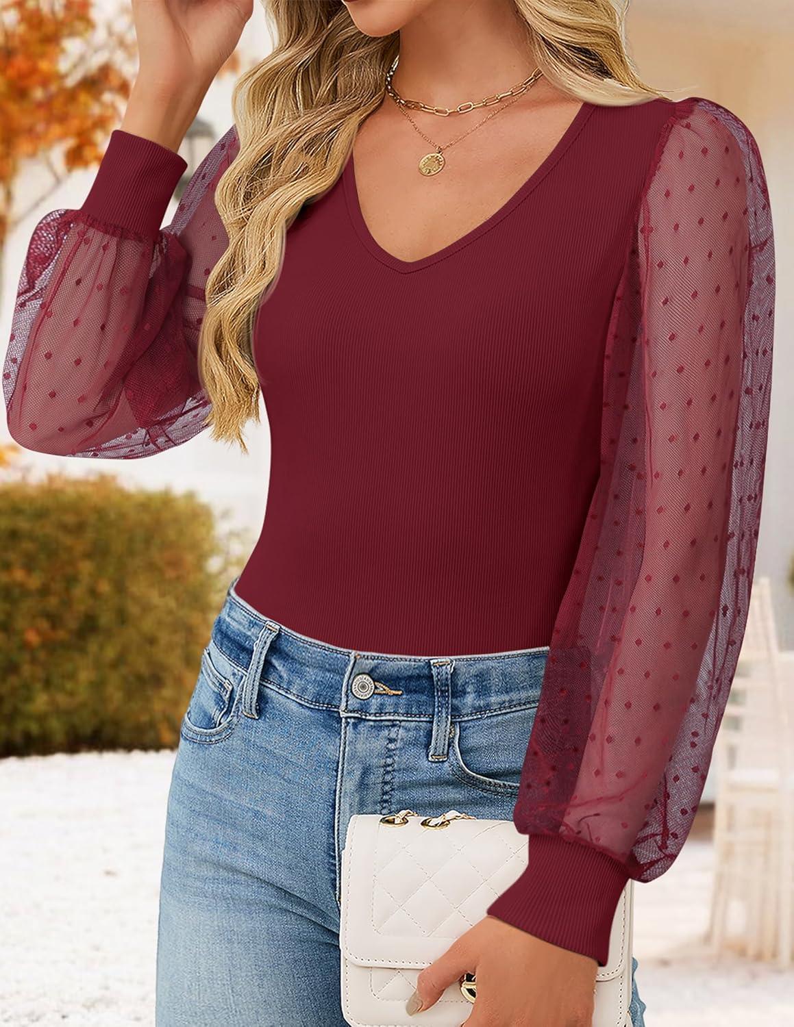 imageZESICA Womens Mesh Puff Long Sleeve Shirts 2026 Spring Fall V Neck Ribbed Knit Sexy Going Out Tops Casual Work BlouseWine Red