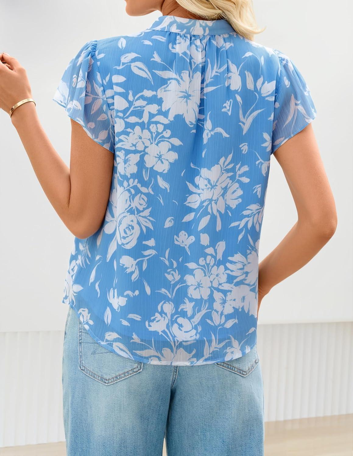 imageZESICA Womens Short Sleeve Floral Blouse 2026 Summer Botton Down Shirts Loose Casual Boho Tops Trendy OutfitsBlue