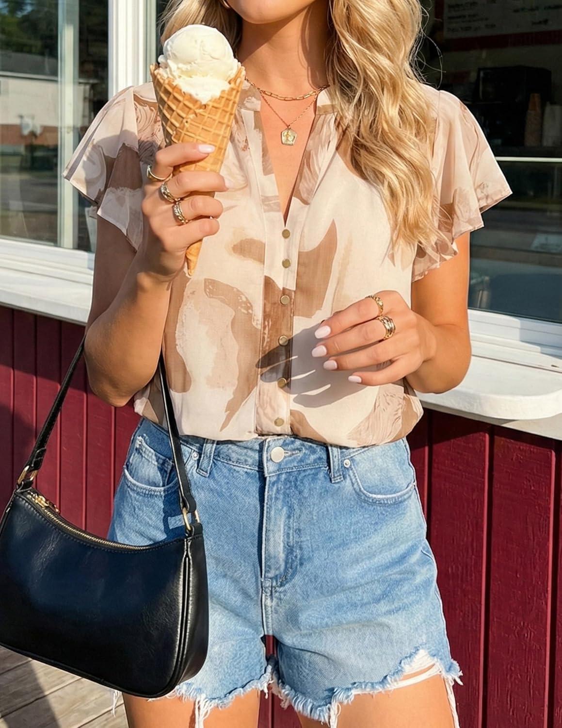 imageZESICA Womens Short Sleeve Floral Blouse 2026 Summer Botton Down Shirts Loose Casual Boho Tops Trendy OutfitsBrown