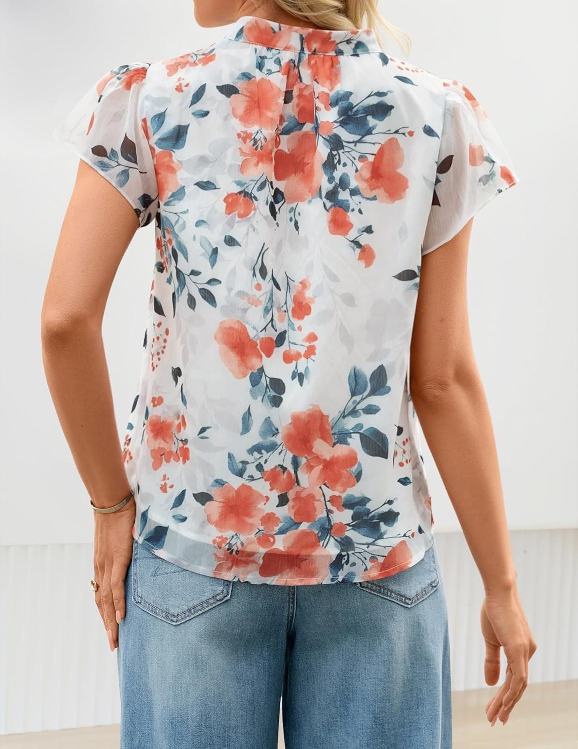 imageZESICA Womens Short Sleeve Floral Blouse 2026 Summer Botton Down Shirts Loose Casual Boho Tops Trendy OutfitsIvory