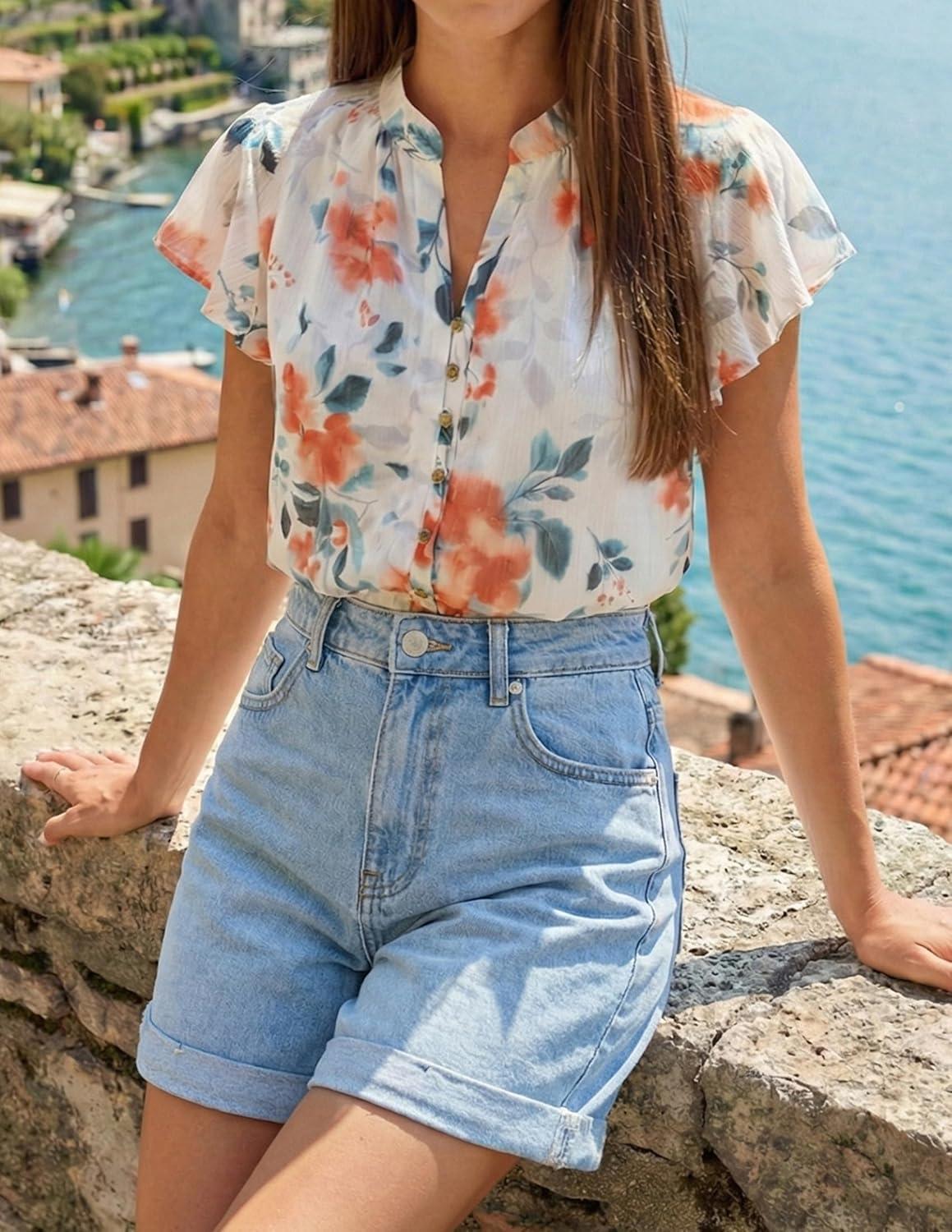 imageZESICA Womens Short Sleeve Floral Blouse 2026 Summer Botton Down Shirts Loose Casual Boho Tops Trendy OutfitsIvory