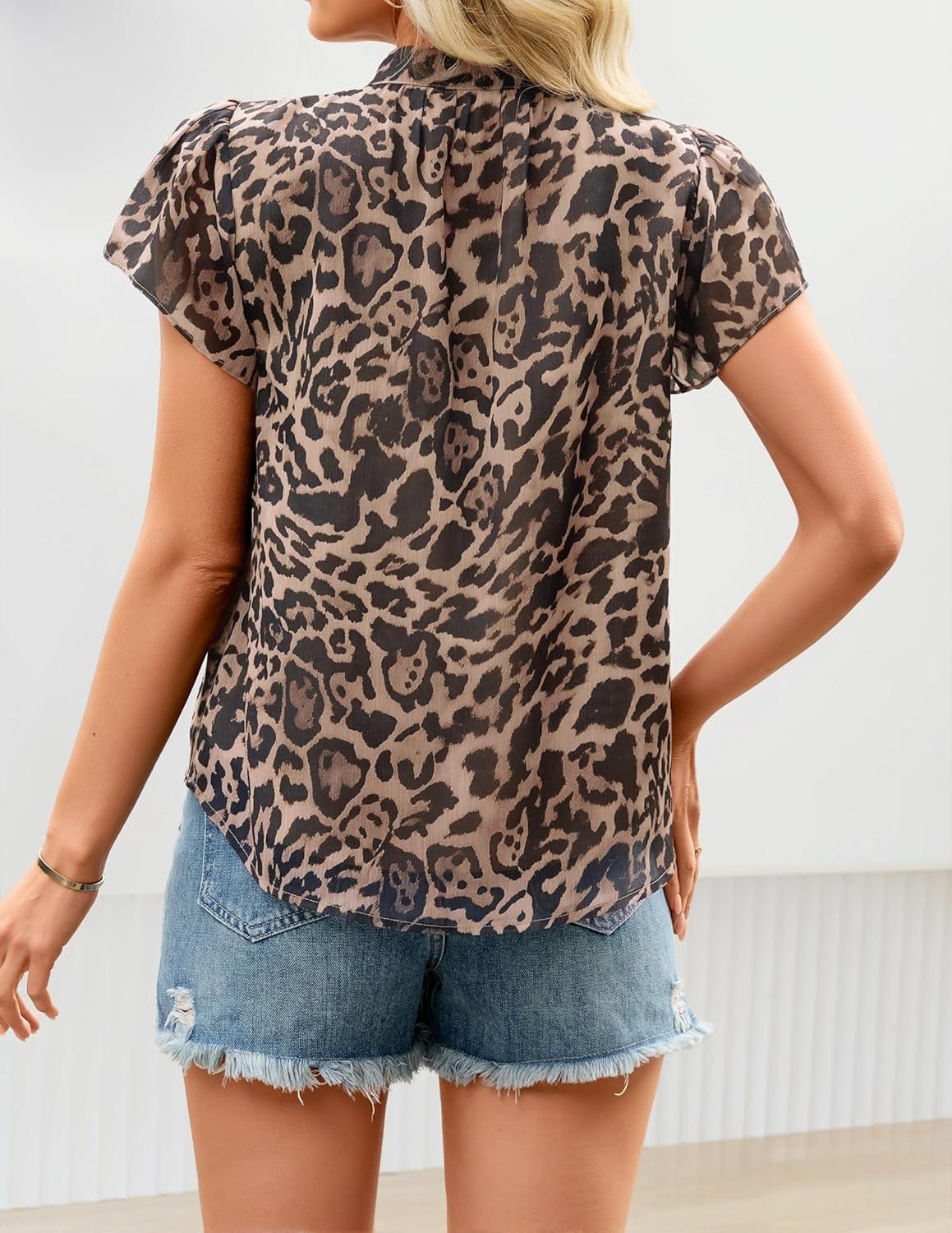 imageZESICA Womens Short Sleeve Floral Blouse 2026 Summer Botton Down Shirts Loose Casual Boho Tops Trendy OutfitsLeopard