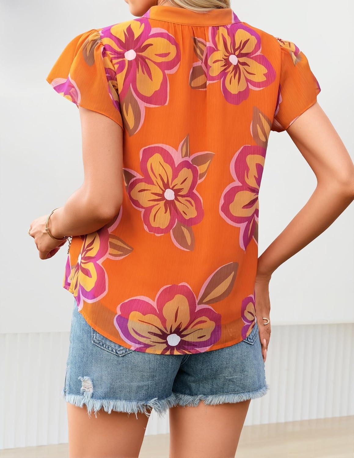 imageZESICA Womens Short Sleeve Floral Blouse 2026 Summer Botton Down Shirts Loose Casual Boho Tops Trendy OutfitsOrange