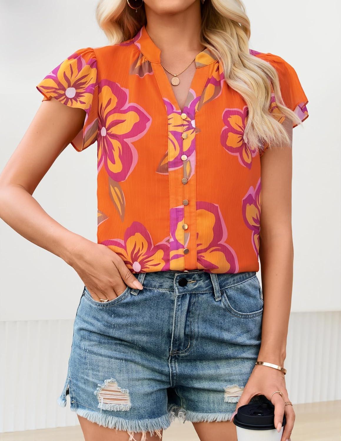 imageZESICA Womens Short Sleeve Floral Blouse 2026 Summer Botton Down Shirts Loose Casual Boho Tops Trendy OutfitsOrange