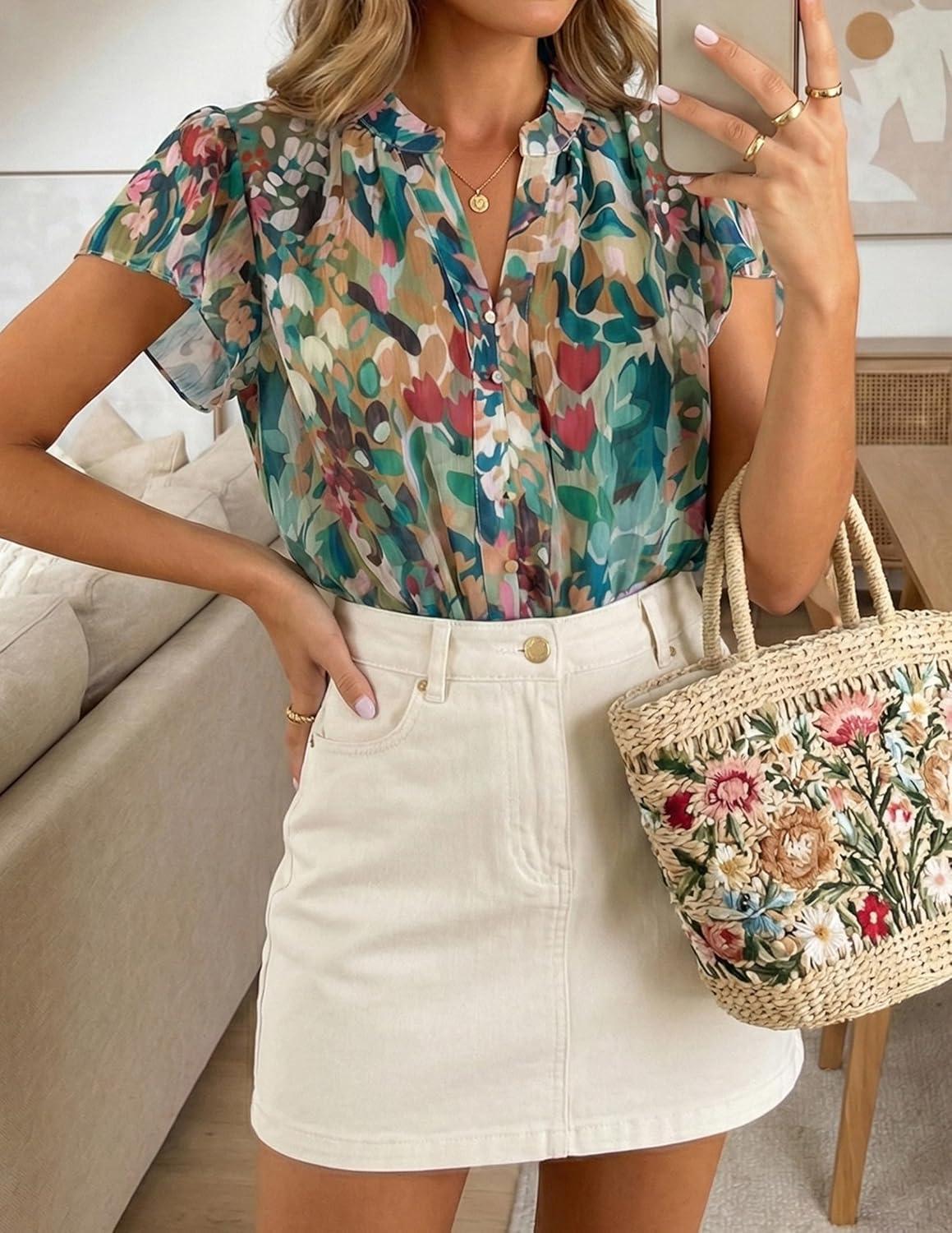 imageZESICA Womens Short Sleeve Floral Blouse 2026 Summer Botton Down Shirts Loose Casual Boho Tops Trendy OutfitsPink Green