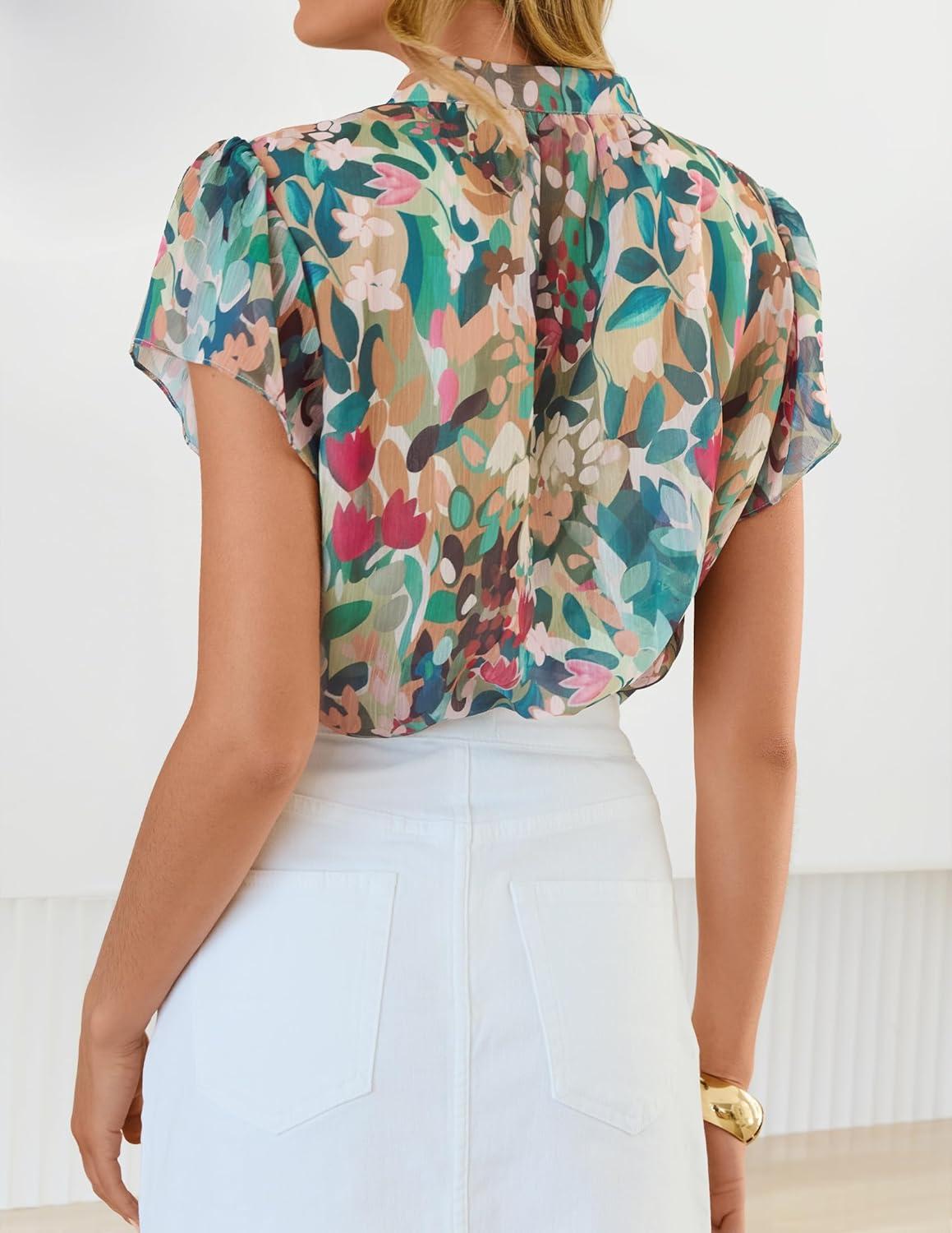 imageZESICA Womens Short Sleeve Floral Blouse 2026 Summer Botton Down Shirts Loose Casual Boho Tops Trendy OutfitsPink Green