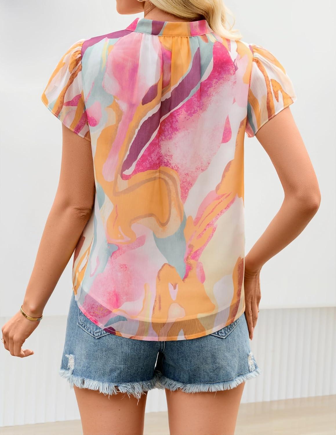 imageZESICA Womens Short Sleeve Floral Blouse 2026 Summer Botton Down Shirts Loose Casual Boho Tops Trendy OutfitsYellow Purple