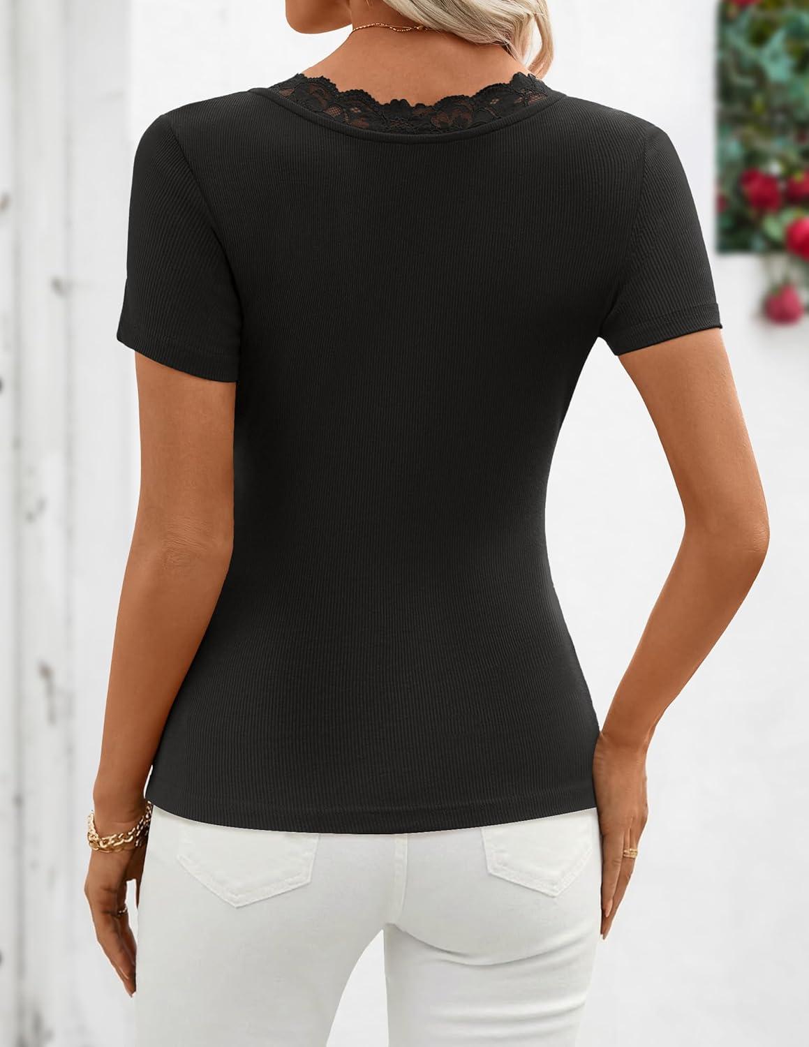 imageZESICA Womens Short Sleeve Lace V Neck Fitted T Shirts Ribbed Knit Casual Basic Tees Tops 2026 Summer Y2k Going Out OutfitsBlack