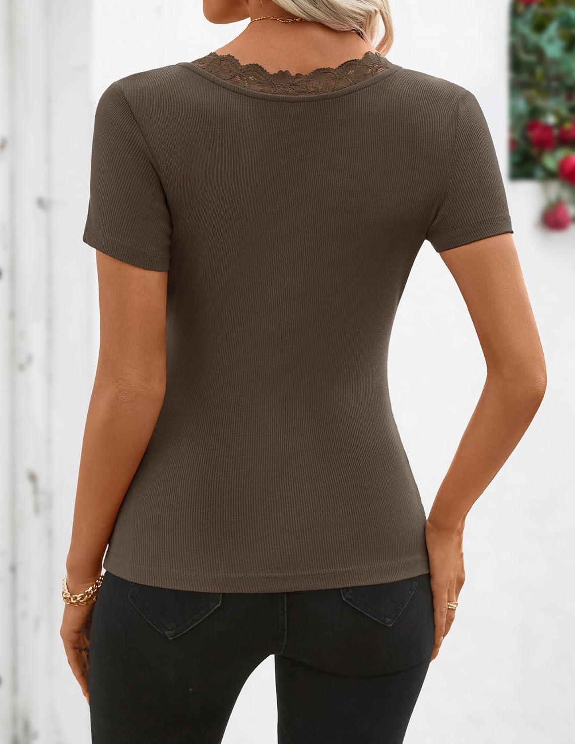 imageZESICA Womens Short Sleeve Lace V Neck Fitted T Shirts Ribbed Knit Casual Basic Tees Tops 2026 Summer Y2k Going Out OutfitsCoffee