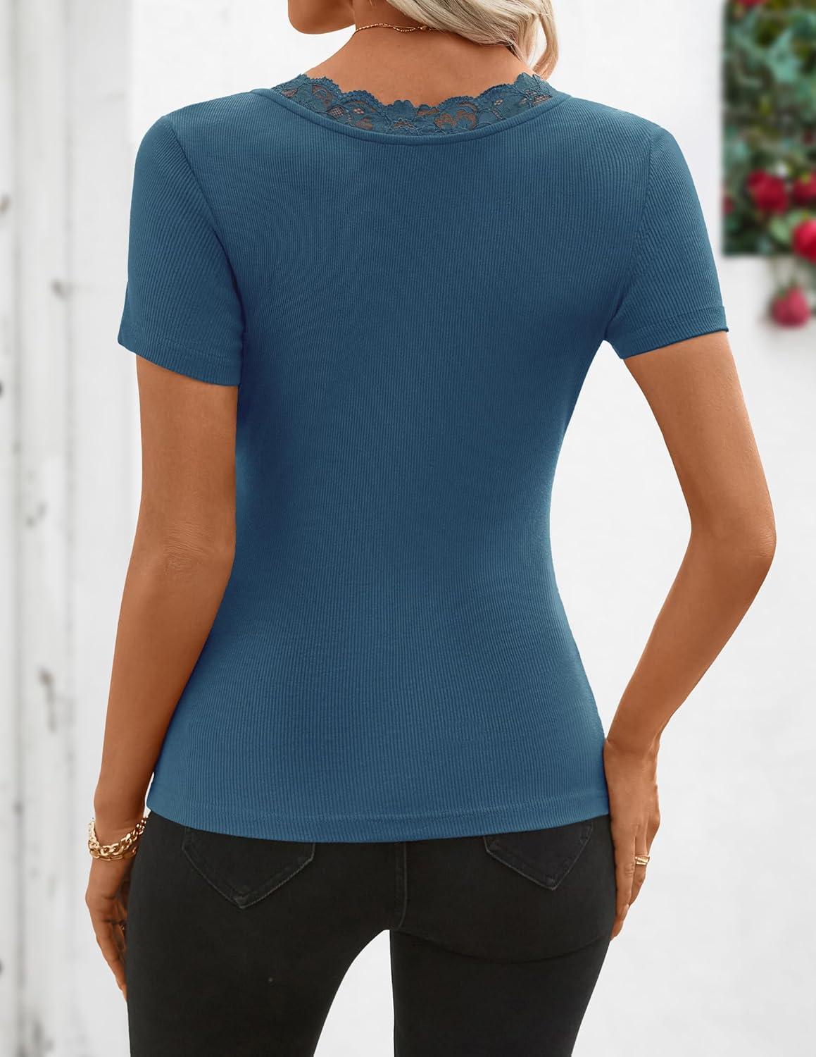 imageZESICA Womens Short Sleeve Lace V Neck Fitted T Shirts Ribbed Knit Casual Basic Tees Tops 2026 Summer Y2k Going Out OutfitsDusty Blue