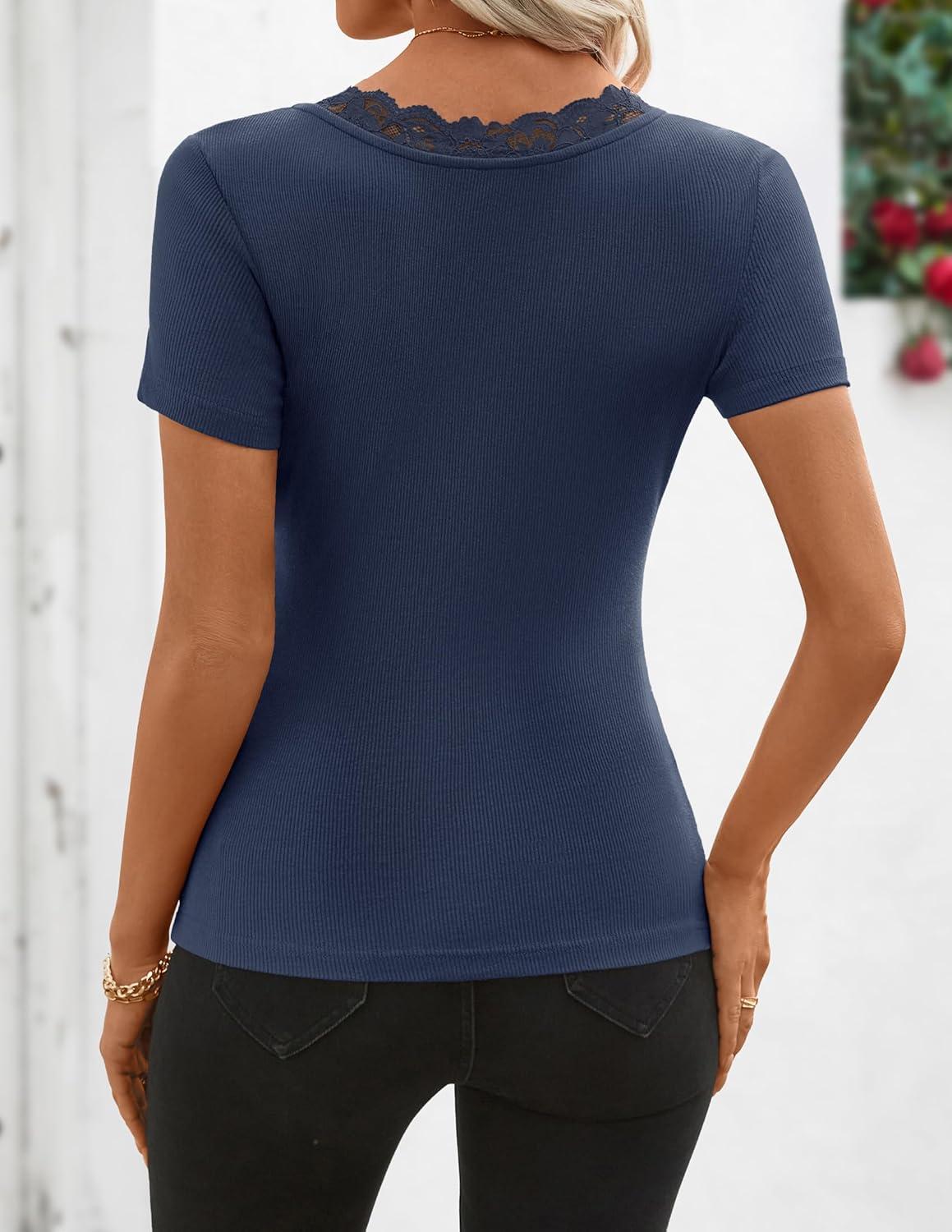 imageZESICA Womens Short Sleeve Lace V Neck Fitted T Shirts Ribbed Knit Casual Basic Tees Tops 2026 Summer Y2k Going Out OutfitsNavy