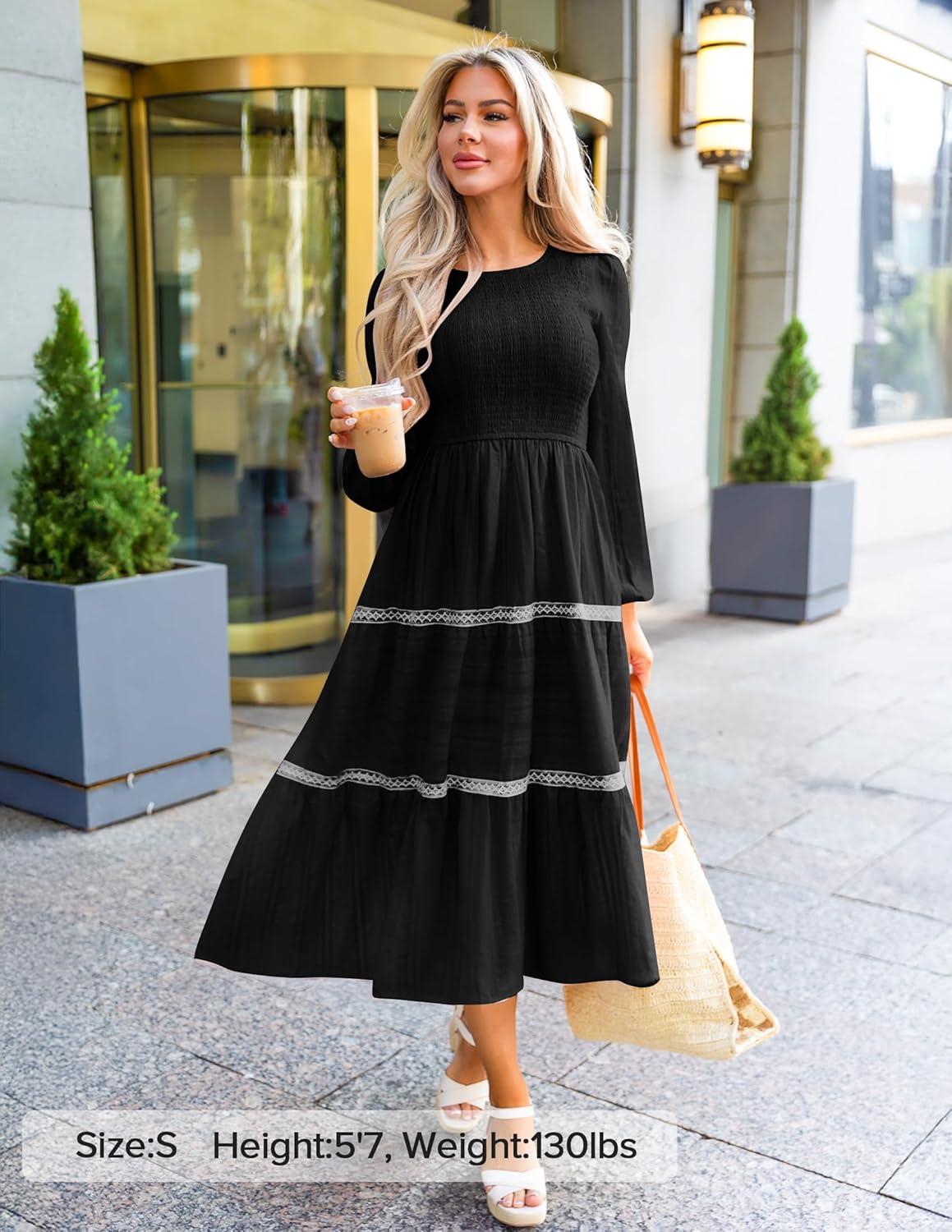 imageZESICA Womens Spring Long Sleeve Maxi Dresses 2026 Casual Crewneck Smocked A Line Tiered Flowy Wedding Guest Long DressBlack