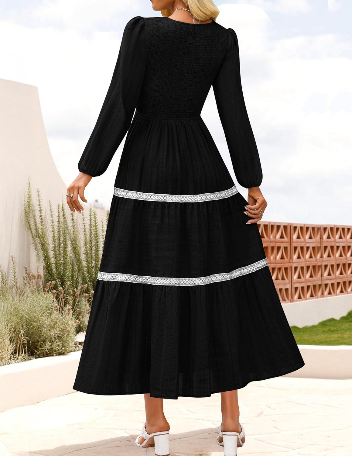 imageZESICA Womens Spring Long Sleeve Maxi Dresses 2026 Casual Crewneck Smocked A Line Tiered Flowy Wedding Guest Long DressBlack