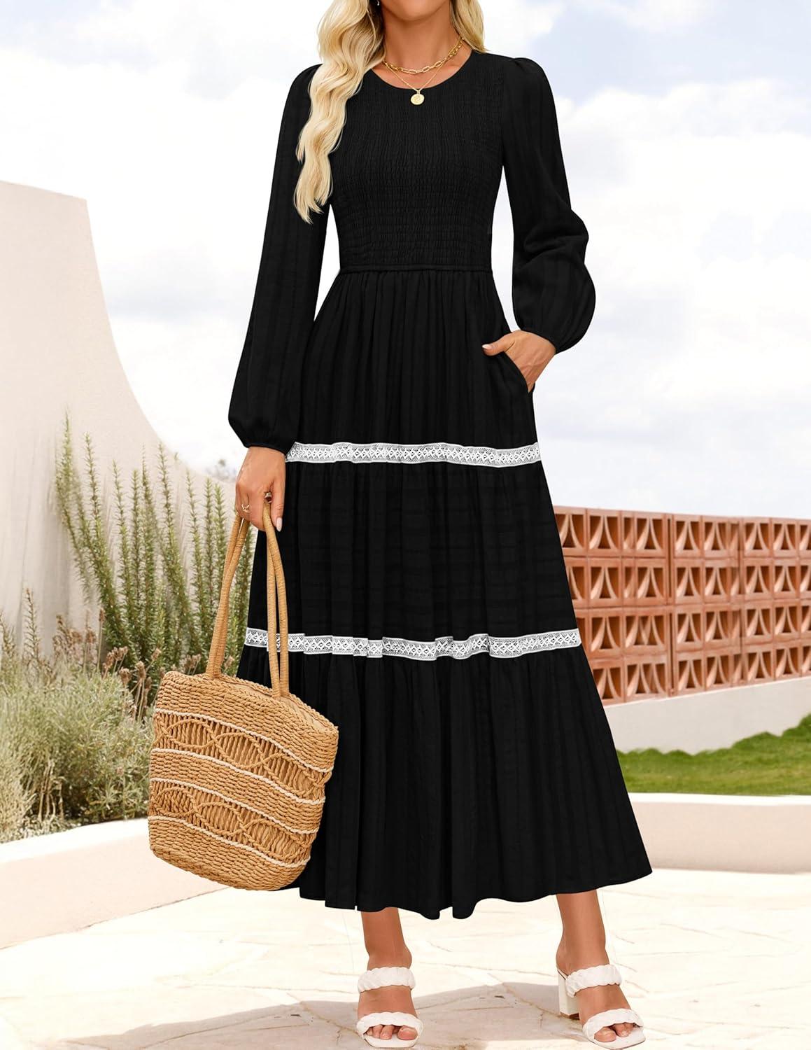 imageZESICA Womens Spring Long Sleeve Maxi Dresses 2026 Casual Crewneck Smocked A Line Tiered Flowy Wedding Guest Long DressBlack