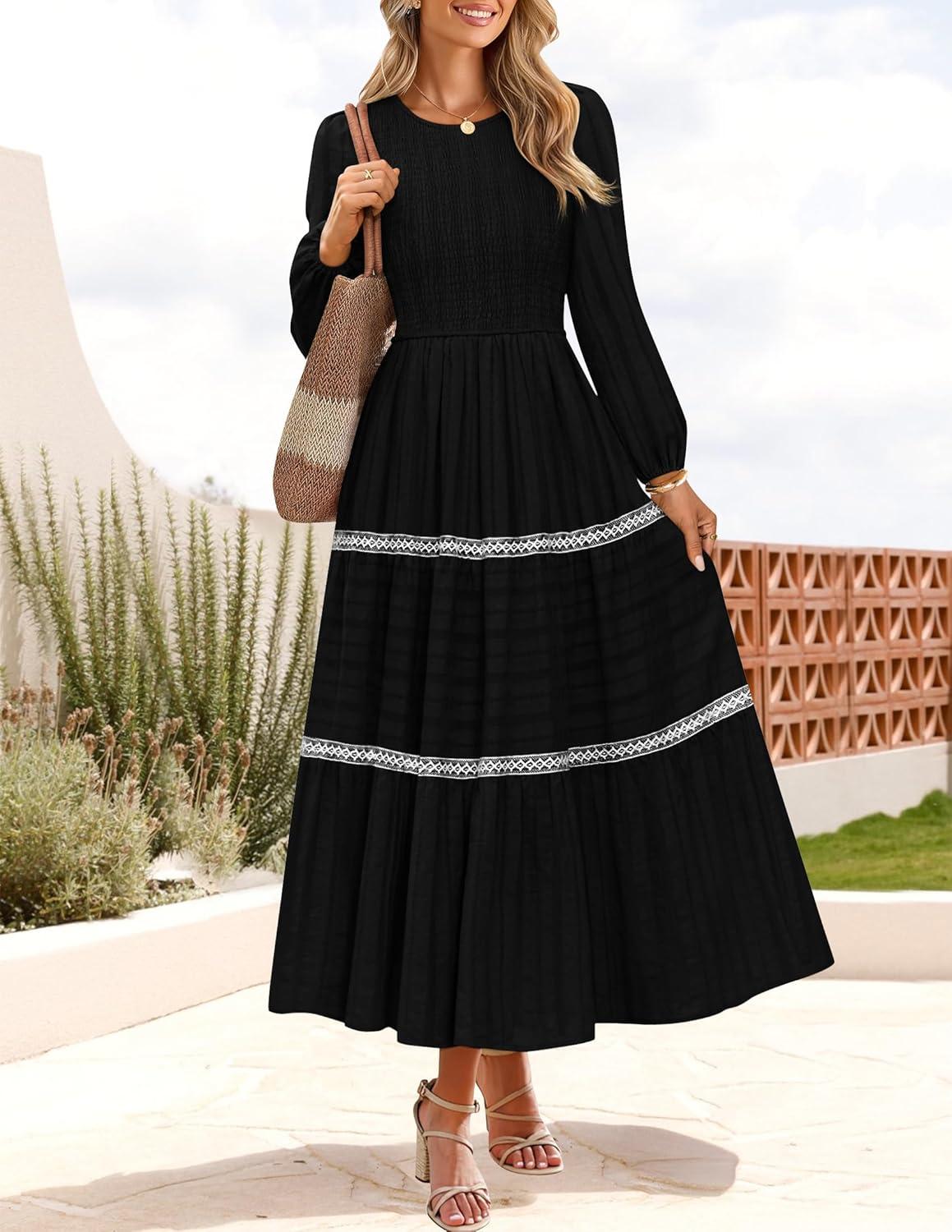 imageZESICA Womens Spring Long Sleeve Maxi Dresses 2026 Casual Crewneck Smocked A Line Tiered Flowy Wedding Guest Long DressBlack