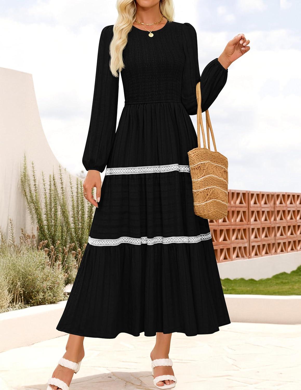 imageZESICA Womens Spring Long Sleeve Maxi Dresses 2026 Casual Crewneck Smocked A Line Tiered Flowy Wedding Guest Long DressBlack
