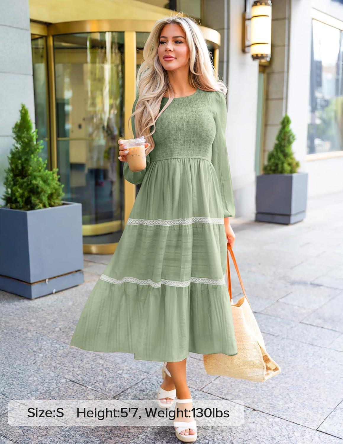 imageZESICA Womens Spring Long Sleeve Maxi Dresses 2026 Casual Crewneck Smocked A Line Tiered Flowy Wedding Guest Long DressPea Green