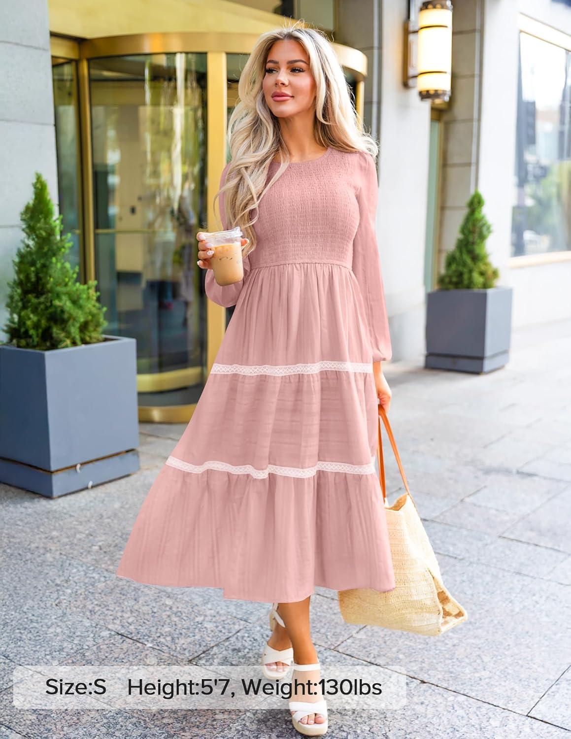 imageZESICA Womens Spring Long Sleeve Maxi Dresses 2026 Casual Crewneck Smocked A Line Tiered Flowy Wedding Guest Long DressPink