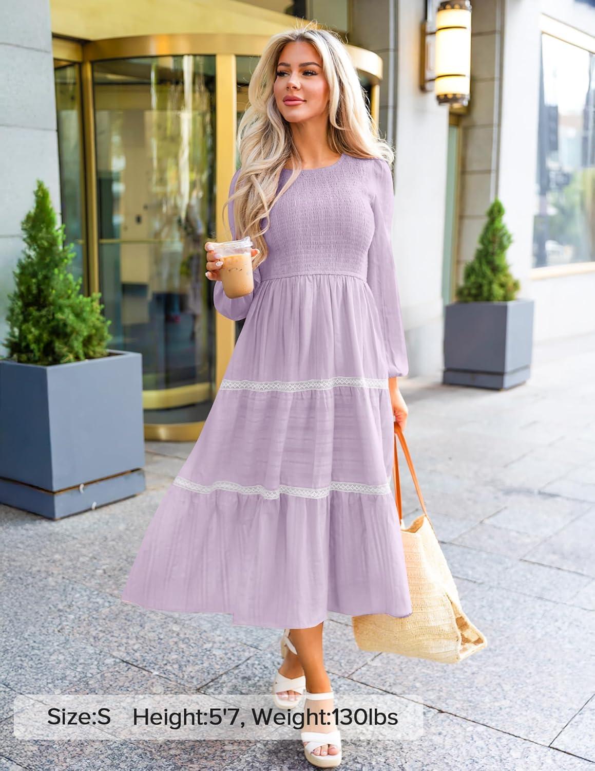 imageZESICA Womens Spring Long Sleeve Maxi Dresses 2026 Casual Crewneck Smocked A Line Tiered Flowy Wedding Guest Long DressPurple