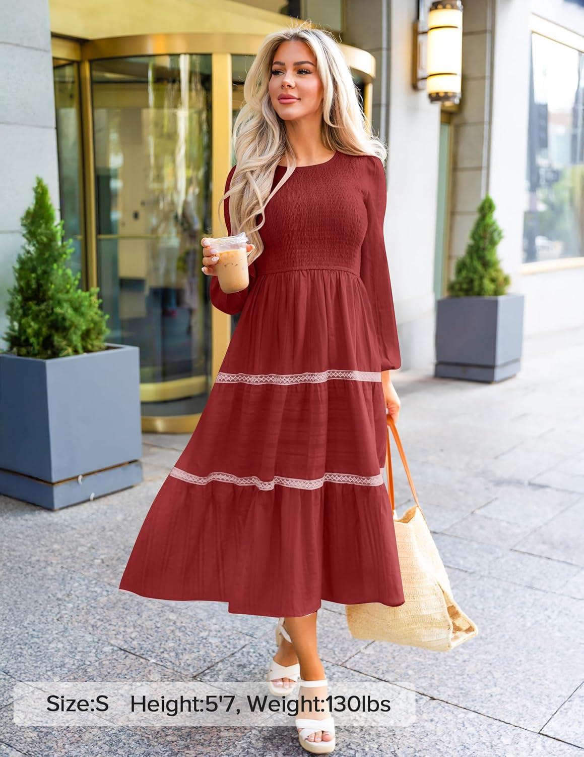 imageZESICA Womens Spring Long Sleeve Maxi Dresses 2026 Casual Crewneck Smocked A Line Tiered Flowy Wedding Guest Long DressRed