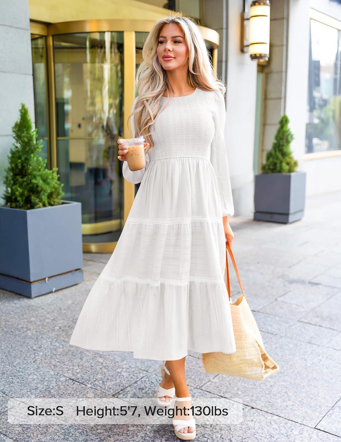 imageZESICA Womens Spring Long Sleeve Maxi Dresses 2026 Casual Crewneck Smocked A Line Tiered Flowy Wedding Guest Long DressWhite