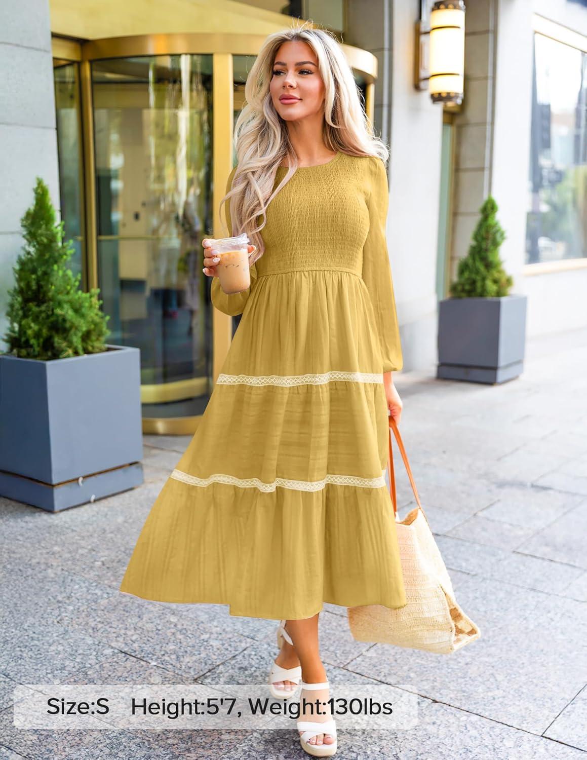 imageZESICA Womens Spring Long Sleeve Maxi Dresses 2026 Casual Crewneck Smocked A Line Tiered Flowy Wedding Guest Long DressYellow
