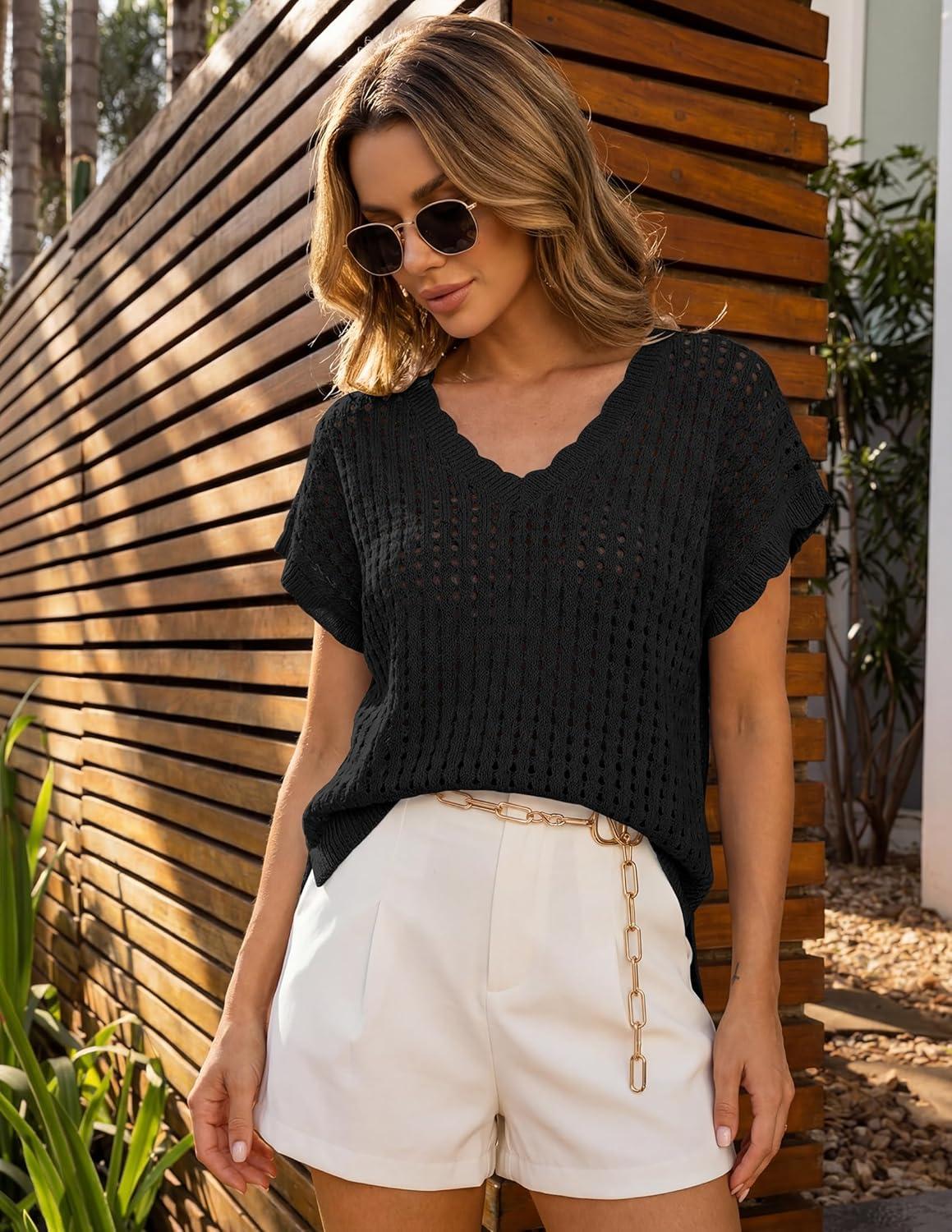 imageZESICA Womens Spring Tops 2026 Summer Shirts Crochet V Neck Cap Sleeve Sweater Cute Casual Beach Vacation ClothesBlack