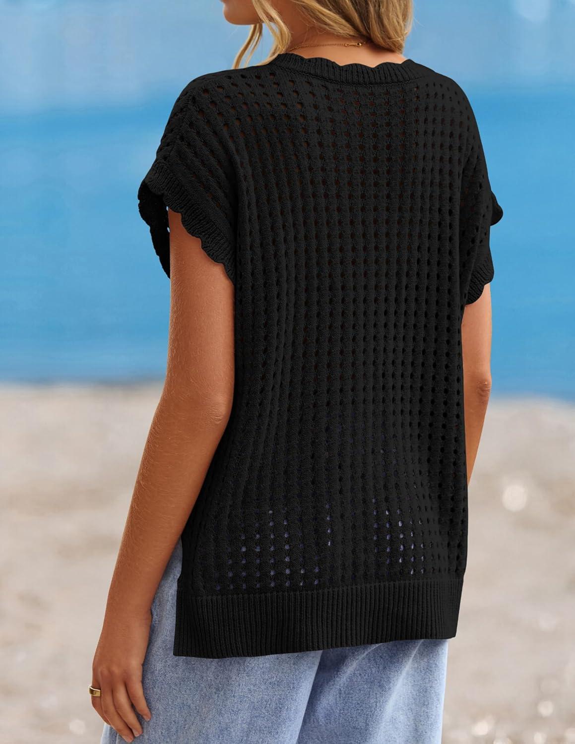 imageZESICA Womens Spring Tops 2026 Summer Shirts Crochet V Neck Cap Sleeve Sweater Cute Casual Beach Vacation ClothesBlack
