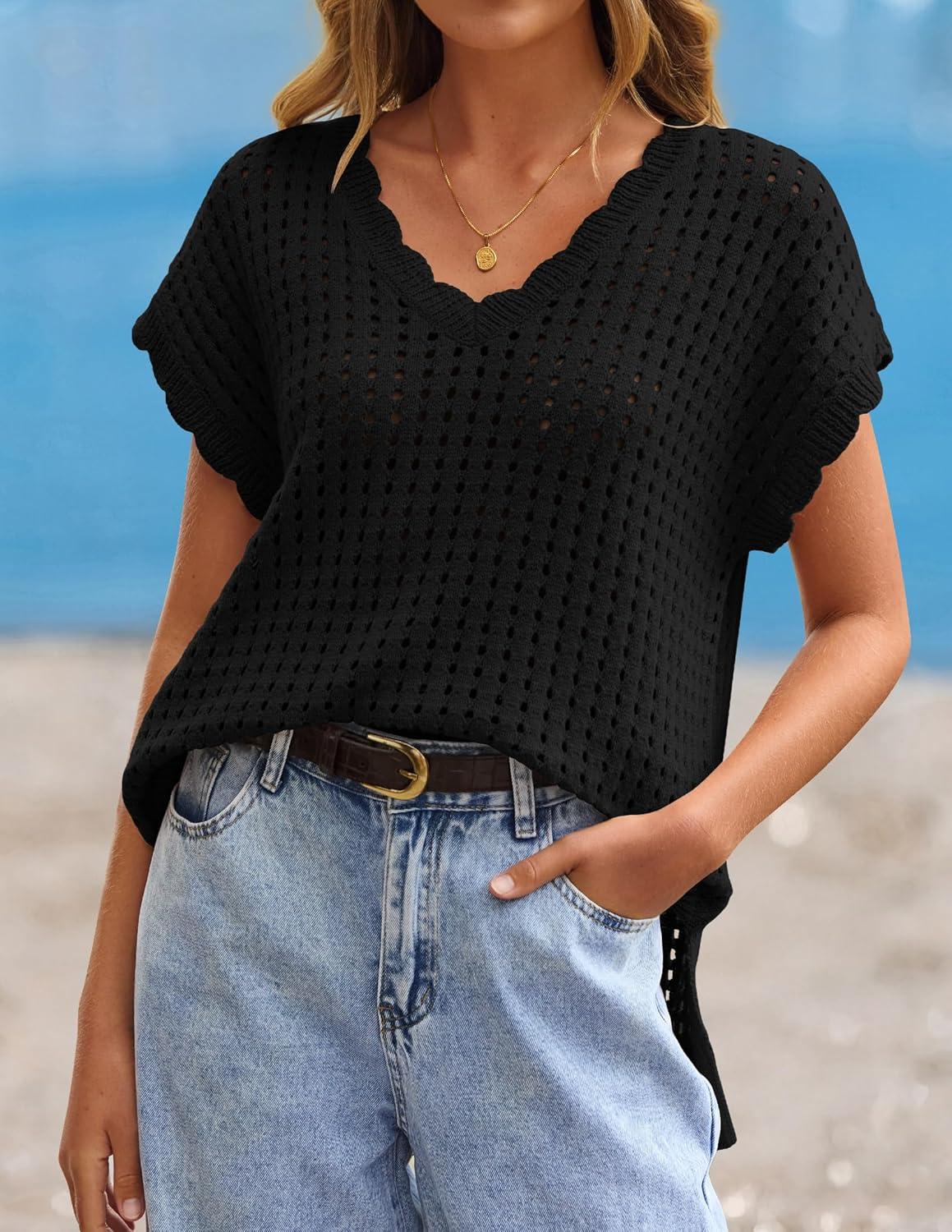 imageZESICA Womens Spring Tops 2026 Summer Shirts Crochet V Neck Cap Sleeve Sweater Cute Casual Beach Vacation ClothesBlack