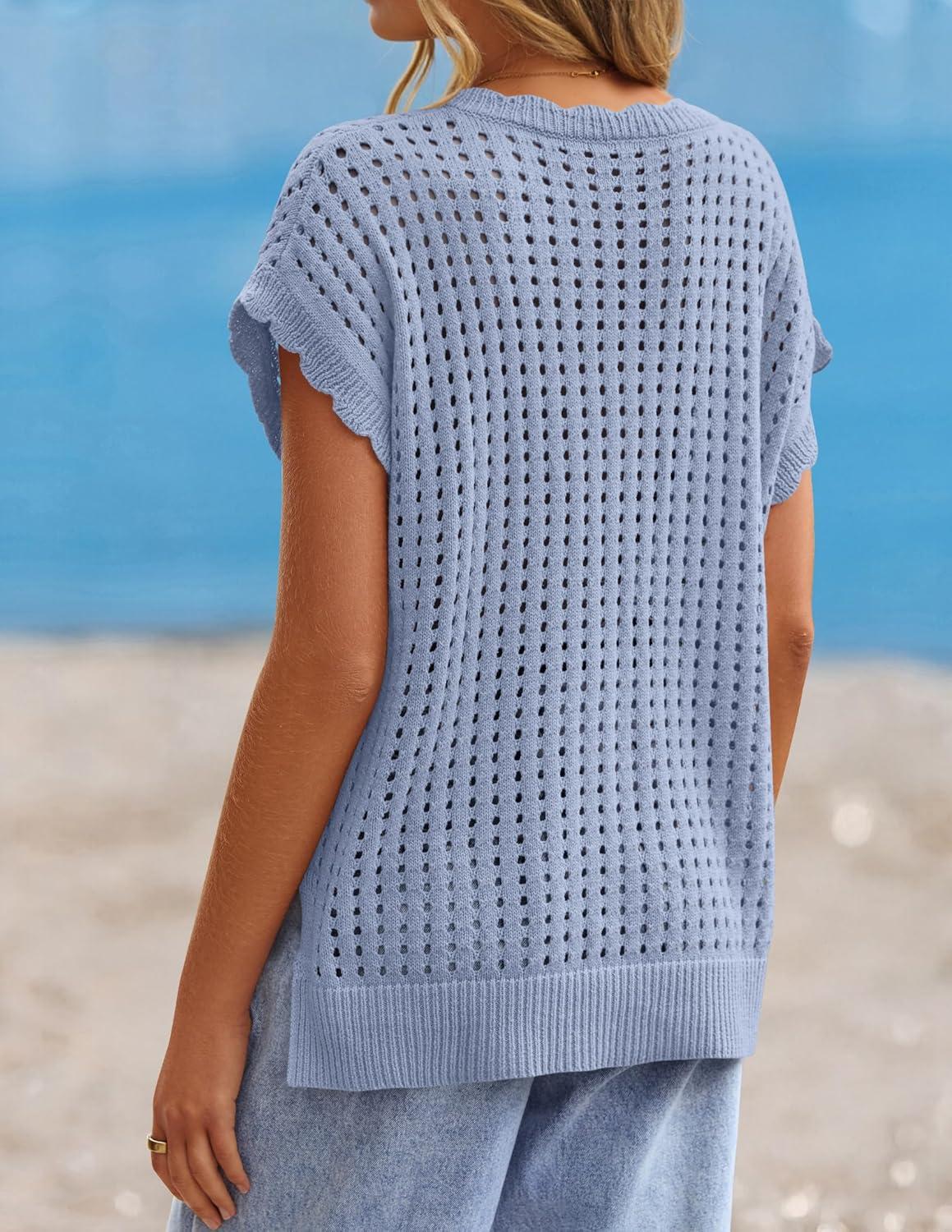 imageZESICA Womens Spring Tops 2026 Summer Shirts Crochet V Neck Cap Sleeve Sweater Cute Casual Beach Vacation ClothesBlue