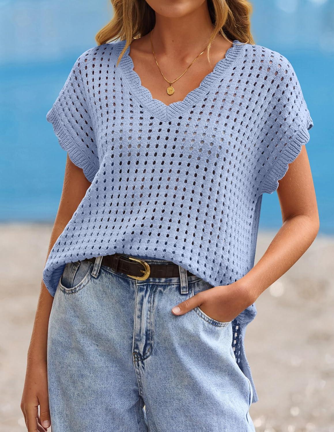 imageZESICA Womens Spring Tops 2026 Summer Shirts Crochet V Neck Cap Sleeve Sweater Cute Casual Beach Vacation ClothesBlue
