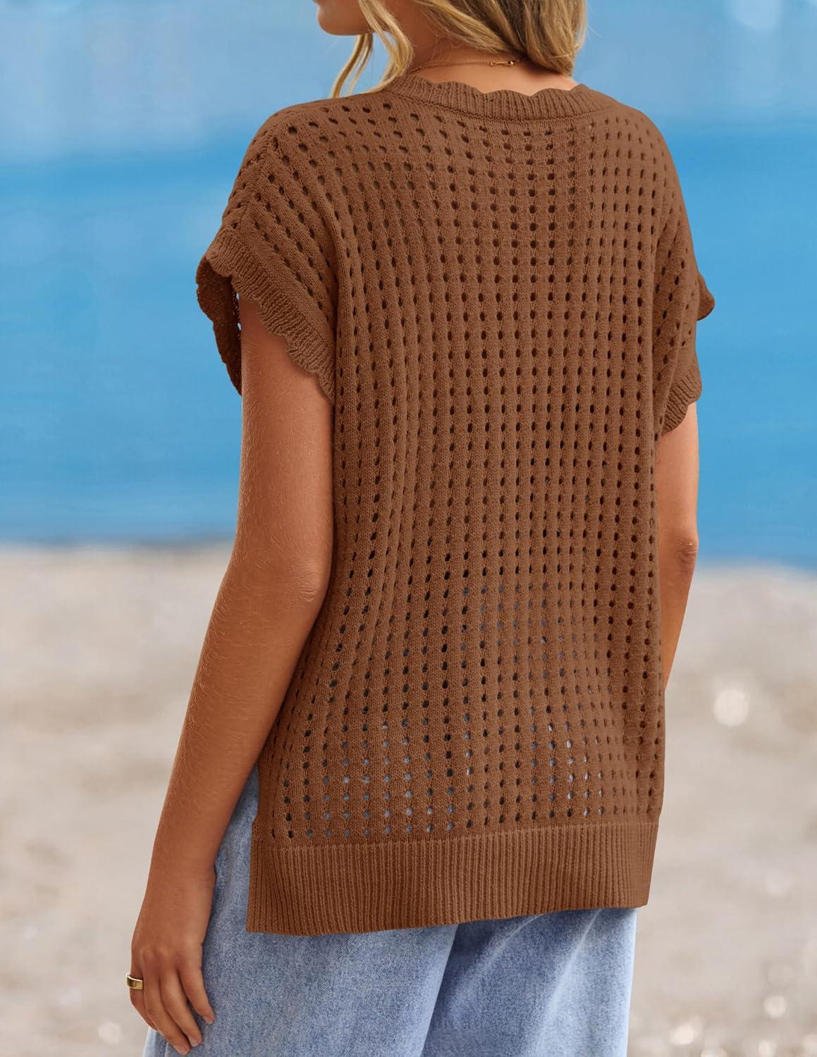 imageZESICA Womens Spring Tops 2026 Summer Shirts Crochet V Neck Cap Sleeve Sweater Cute Casual Beach Vacation ClothesChocolate Brown