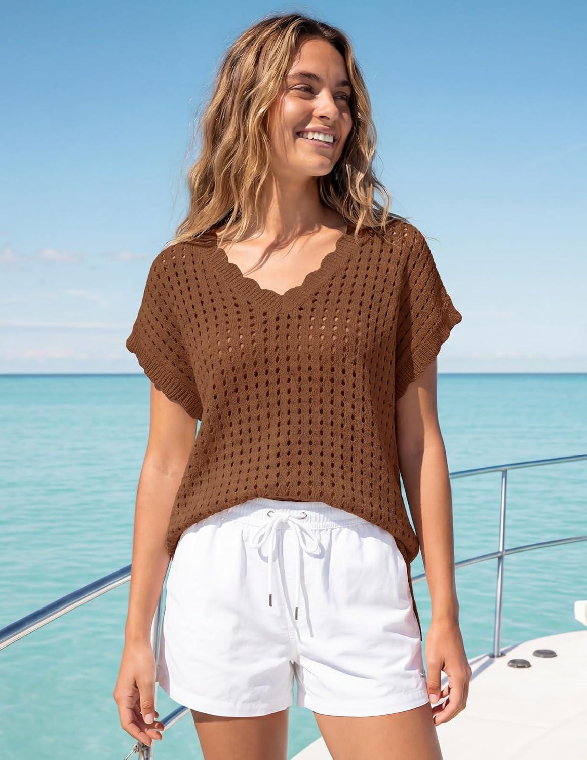 imageZESICA Womens Spring Tops 2026 Summer Shirts Crochet V Neck Cap Sleeve Sweater Cute Casual Beach Vacation ClothesChocolate Brown