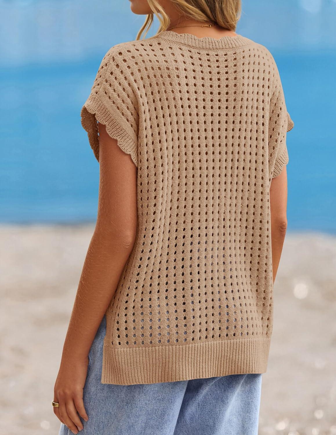 imageZESICA Womens Spring Tops 2026 Summer Shirts Crochet V Neck Cap Sleeve Sweater Cute Casual Beach Vacation ClothesLight Khaki
