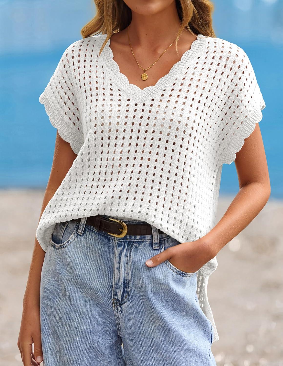 imageZESICA Womens Spring Tops 2026 Summer Shirts Crochet V Neck Cap Sleeve Sweater Cute Casual Beach Vacation ClothesWhite