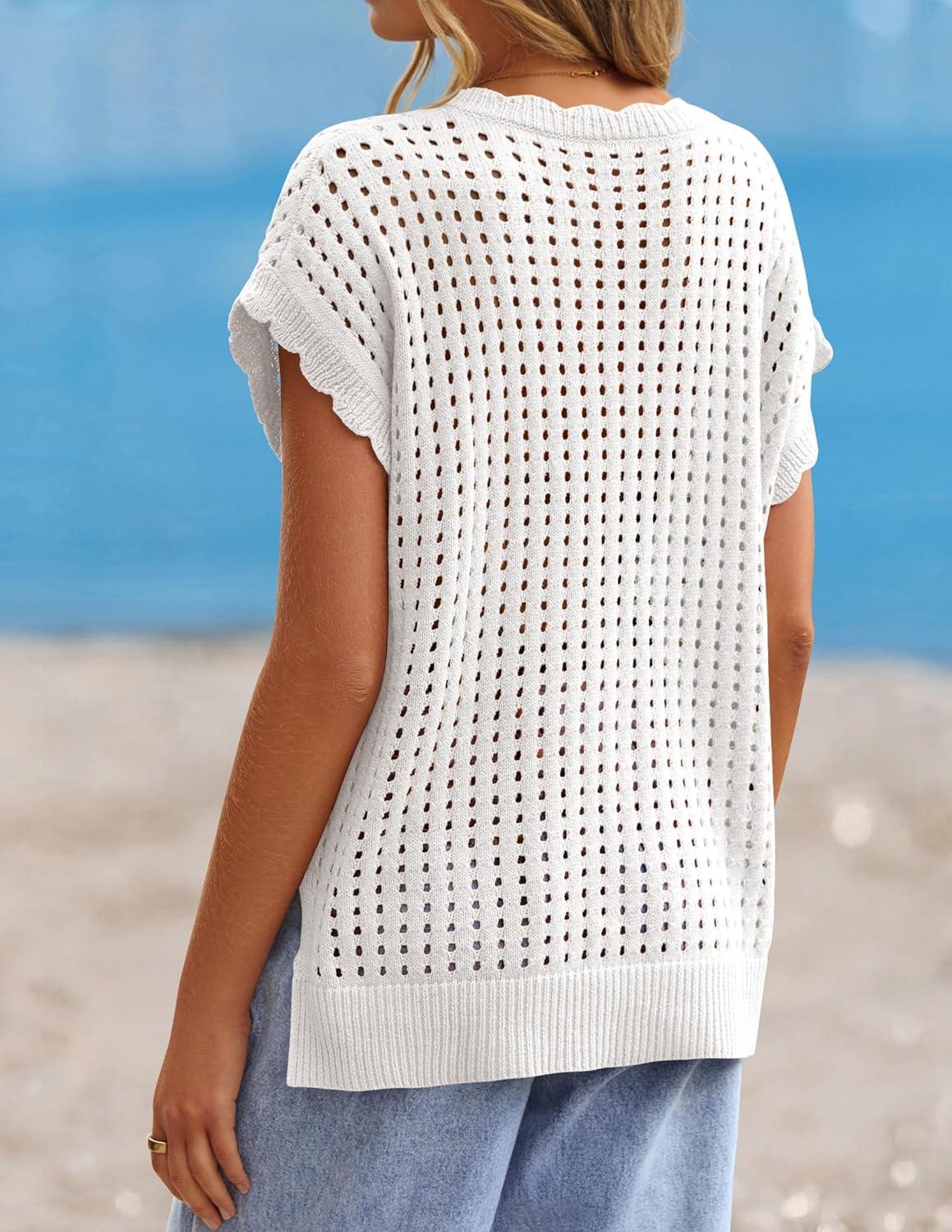 imageZESICA Womens Spring Tops 2026 Summer Shirts Crochet V Neck Cap Sleeve Sweater Cute Casual Beach Vacation ClothesWhite