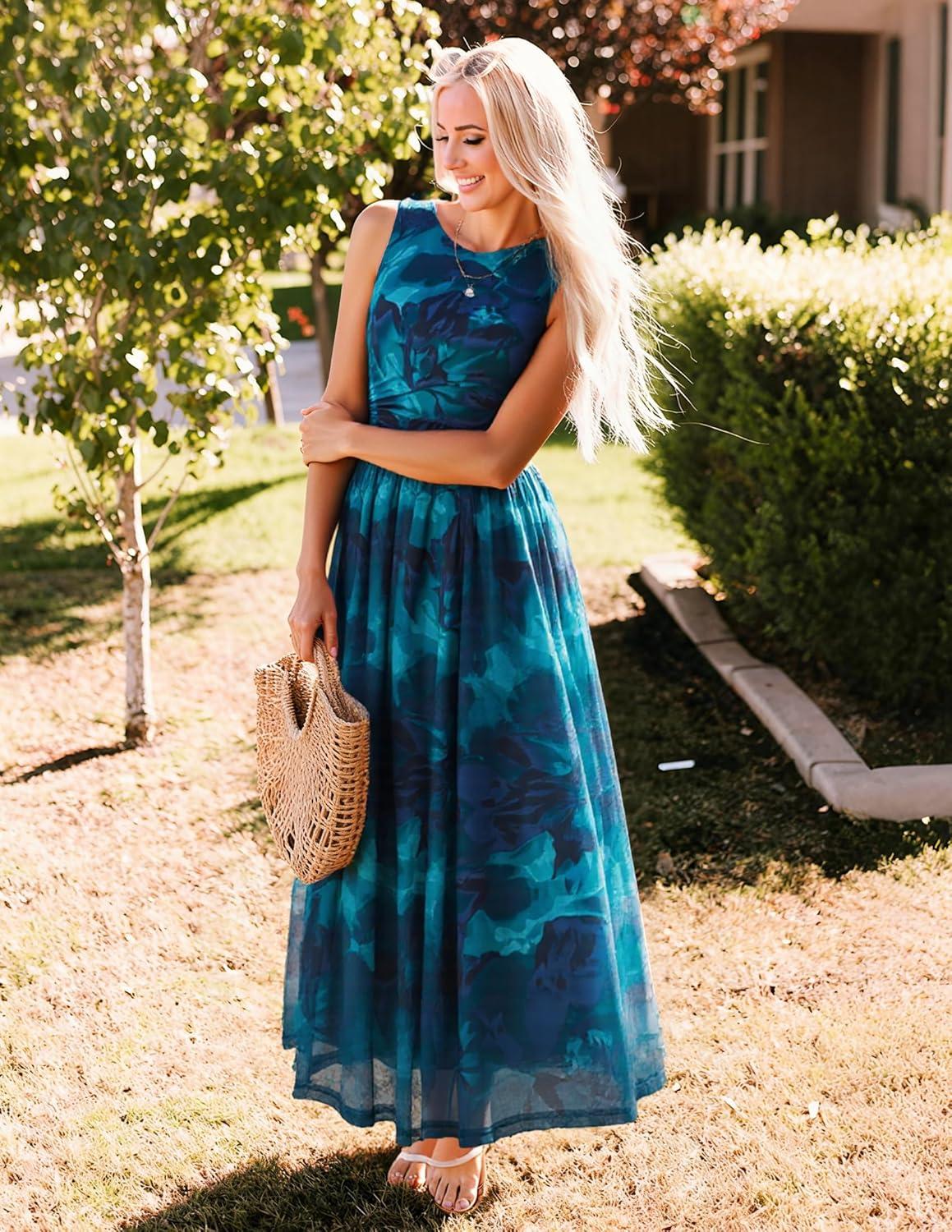 imageZESICA Womens Summer Sleeveless Floral Maxi Dress 2026 Casual Crewneck Mesh A Line Flowy Boho Beach Party Long DressesDarkblue