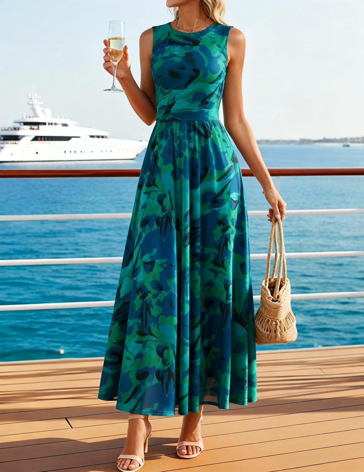 imageZESICA Womens Summer Sleeveless Floral Maxi Dress 2026 Casual Crewneck Mesh A Line Flowy Boho Beach Party Long DressesDarkgreen