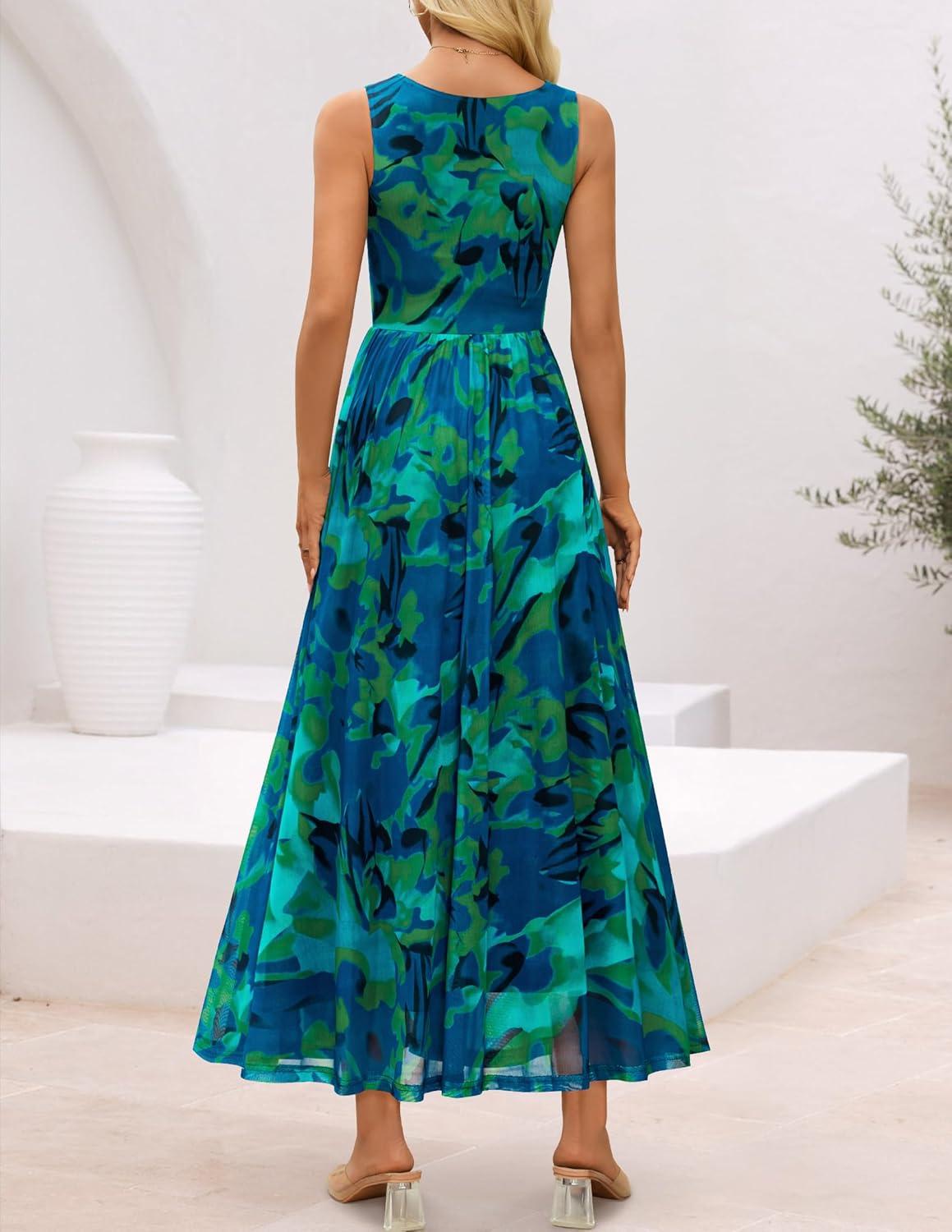 imageZESICA Womens Summer Sleeveless Floral Maxi Dress 2026 Casual Crewneck Mesh A Line Flowy Boho Beach Party Long DressesDarkgreen