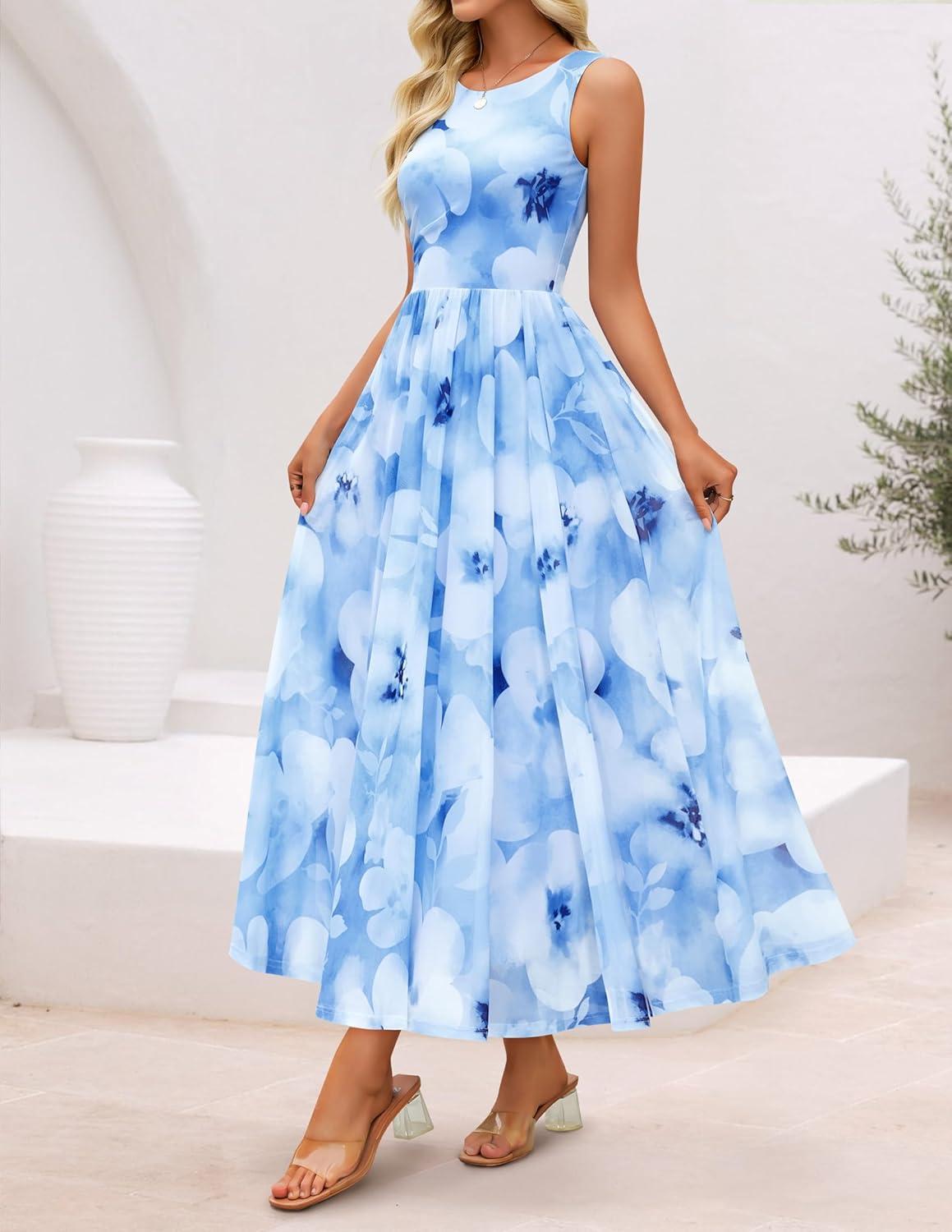 imageZESICA Womens Summer Sleeveless Floral Maxi Dress 2026 Casual Crewneck Mesh A Line Flowy Boho Beach Party Long DressesLightblue