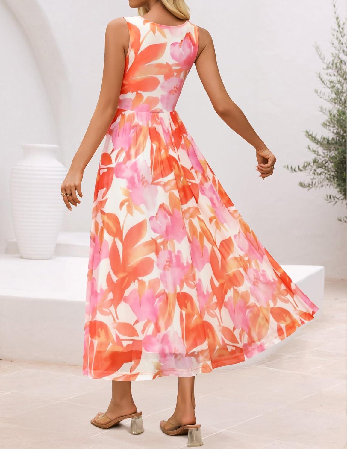 imageZESICA Womens Summer Sleeveless Floral Maxi Dress 2026 Casual Crewneck Mesh A Line Flowy Boho Beach Party Long DressesOrange