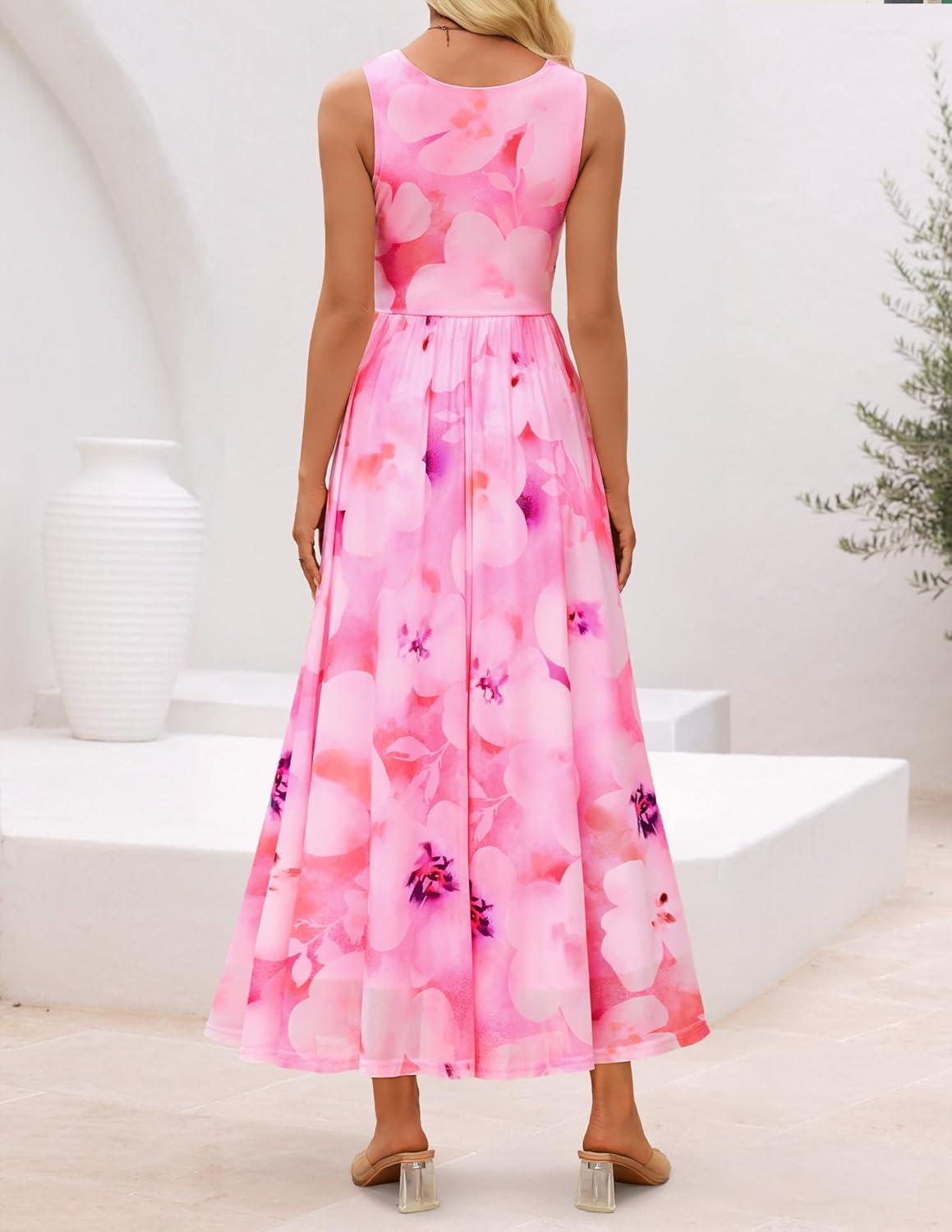 imageZESICA Womens Summer Sleeveless Floral Maxi Dress 2026 Casual Crewneck Mesh A Line Flowy Boho Beach Party Long DressesPink