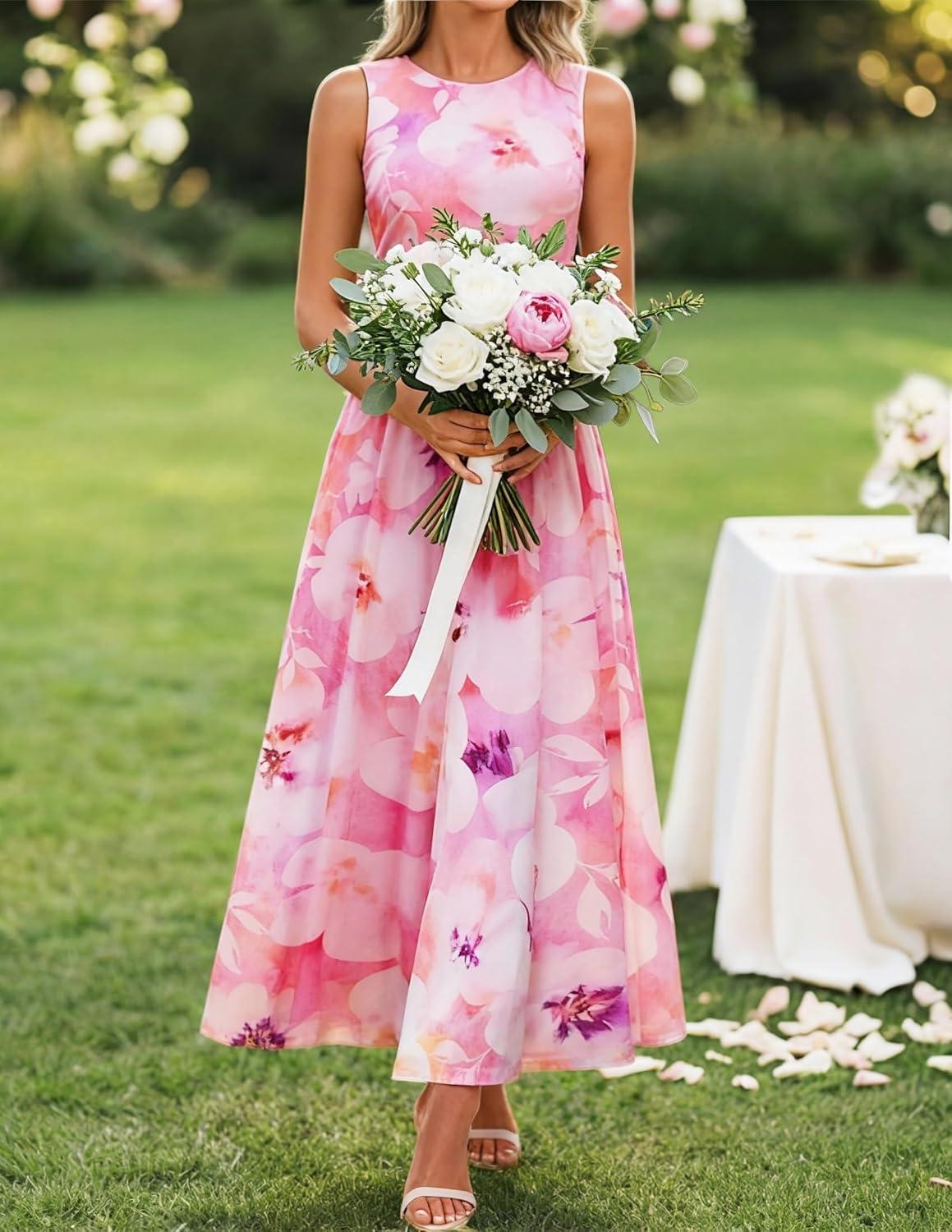 imageZESICA Womens Summer Sleeveless Floral Maxi Dress 2026 Casual Crewneck Mesh A Line Flowy Boho Beach Party Long DressesPink
